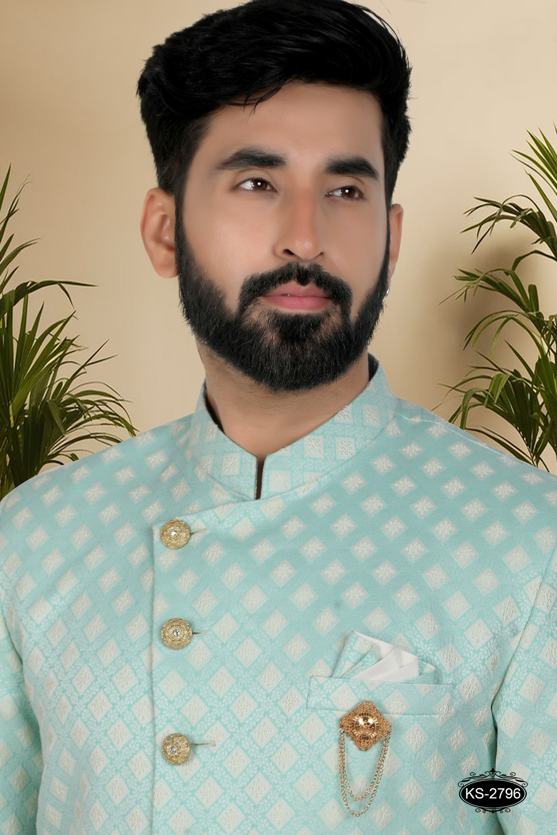 BLUISH-GREEN TONE INDO-WESTERN SET WITH SELF-DESIGN IN UNIQUE PATTERN