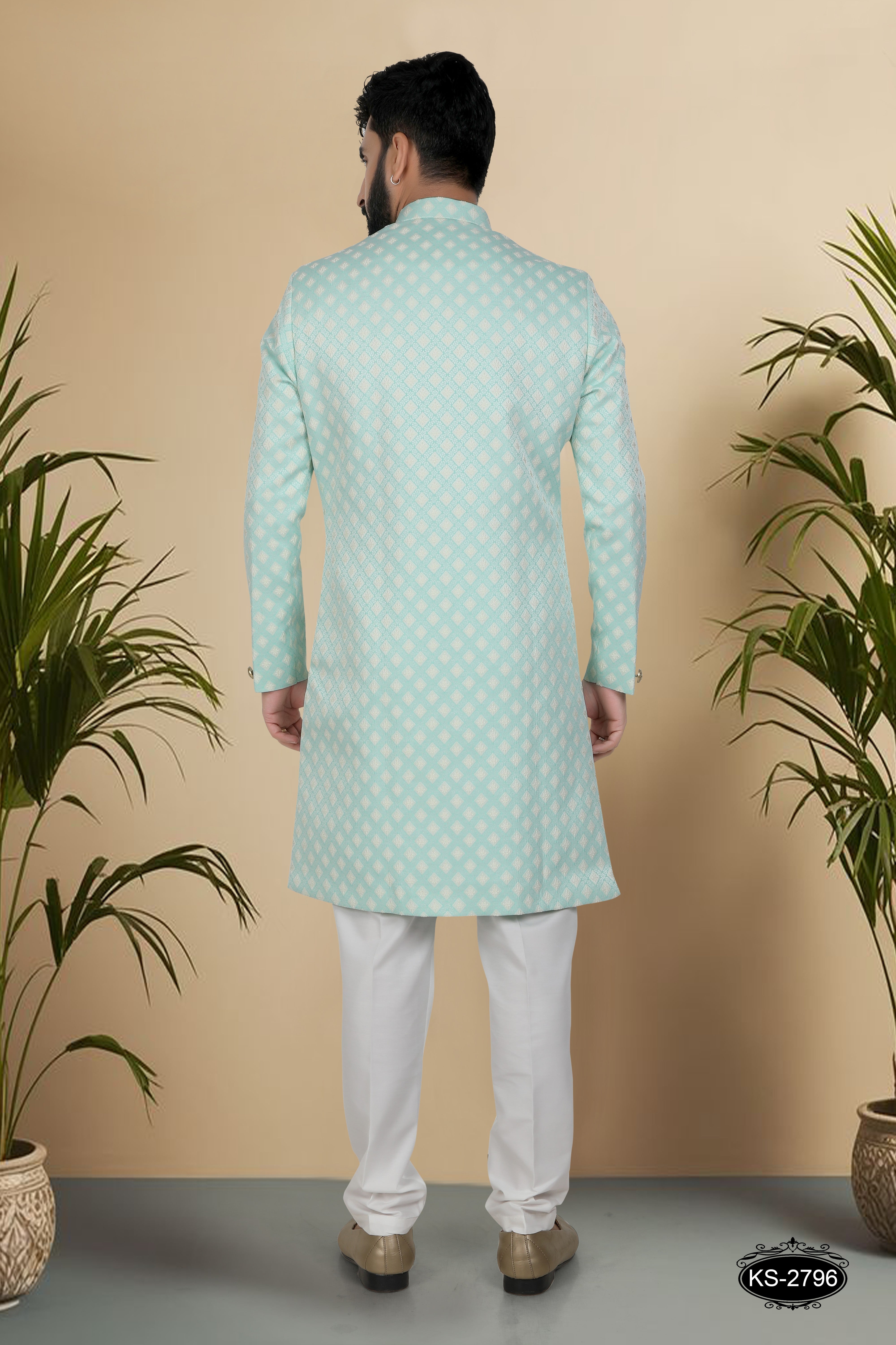 BLUISH-GREEN TONE INDO-WESTERN SET WITH SELF-DESIGN IN UNIQUE PATTERN