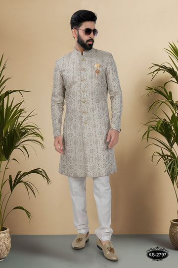 BEIGE TONE INDO-WESTERN SET WITH SELF-DESIGN FOR EVERY FESTIVITY