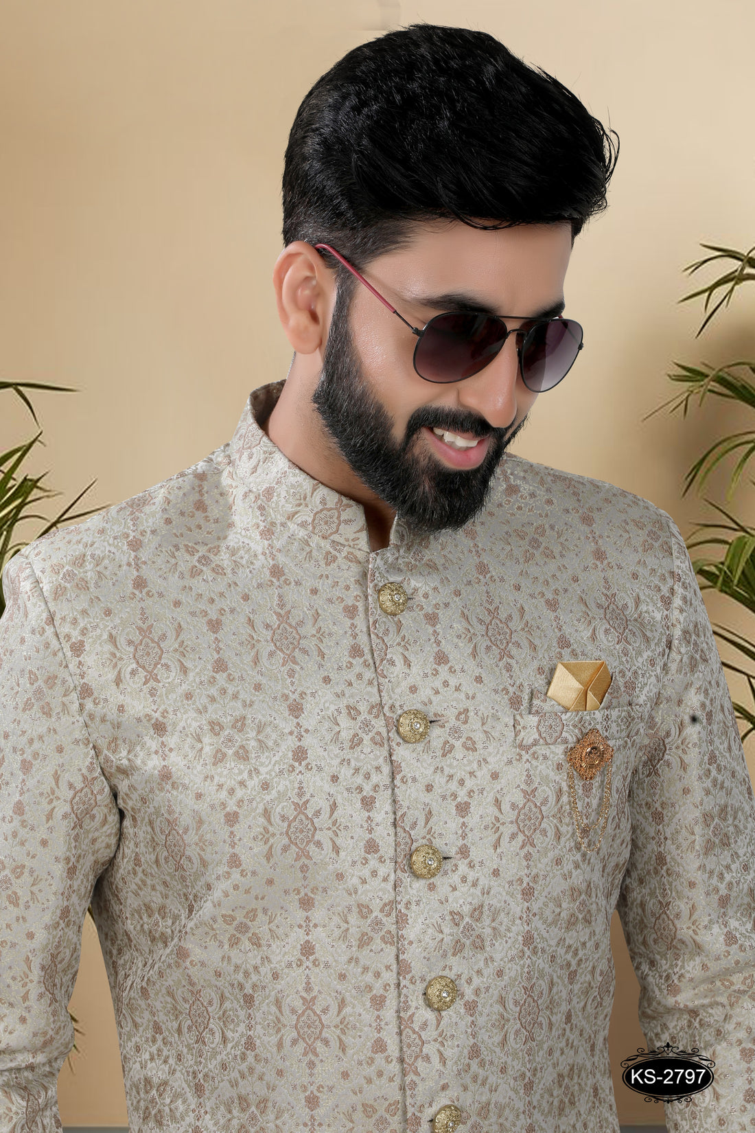 BEIGE TONE INDO-WESTERN SET WITH SELF-DESIGN FOR EVERY FESTIVITY