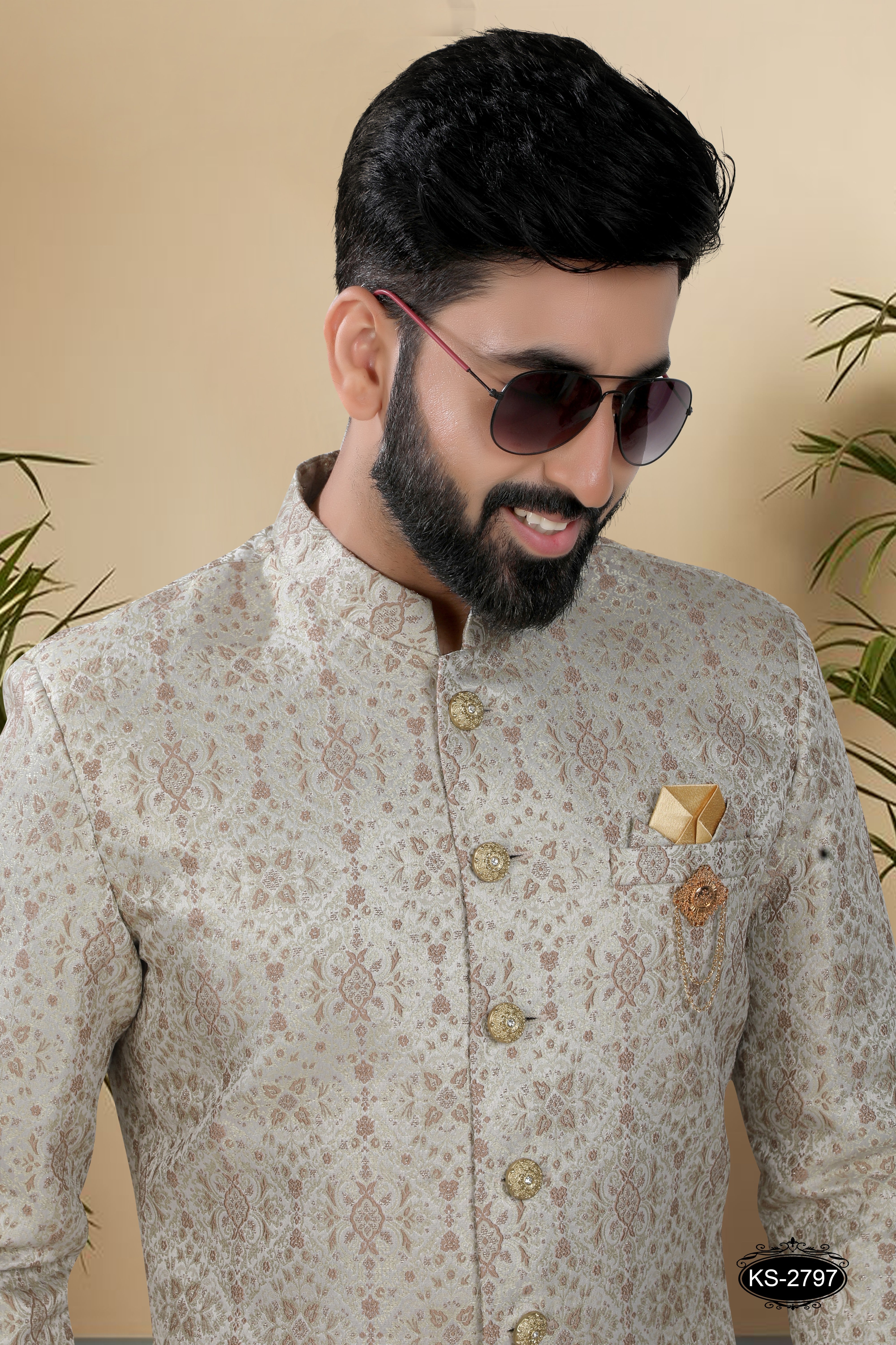 BEIGE TONE INDO-WESTERN SET WITH SELF-DESIGN FOR EVERY FESTIVITY