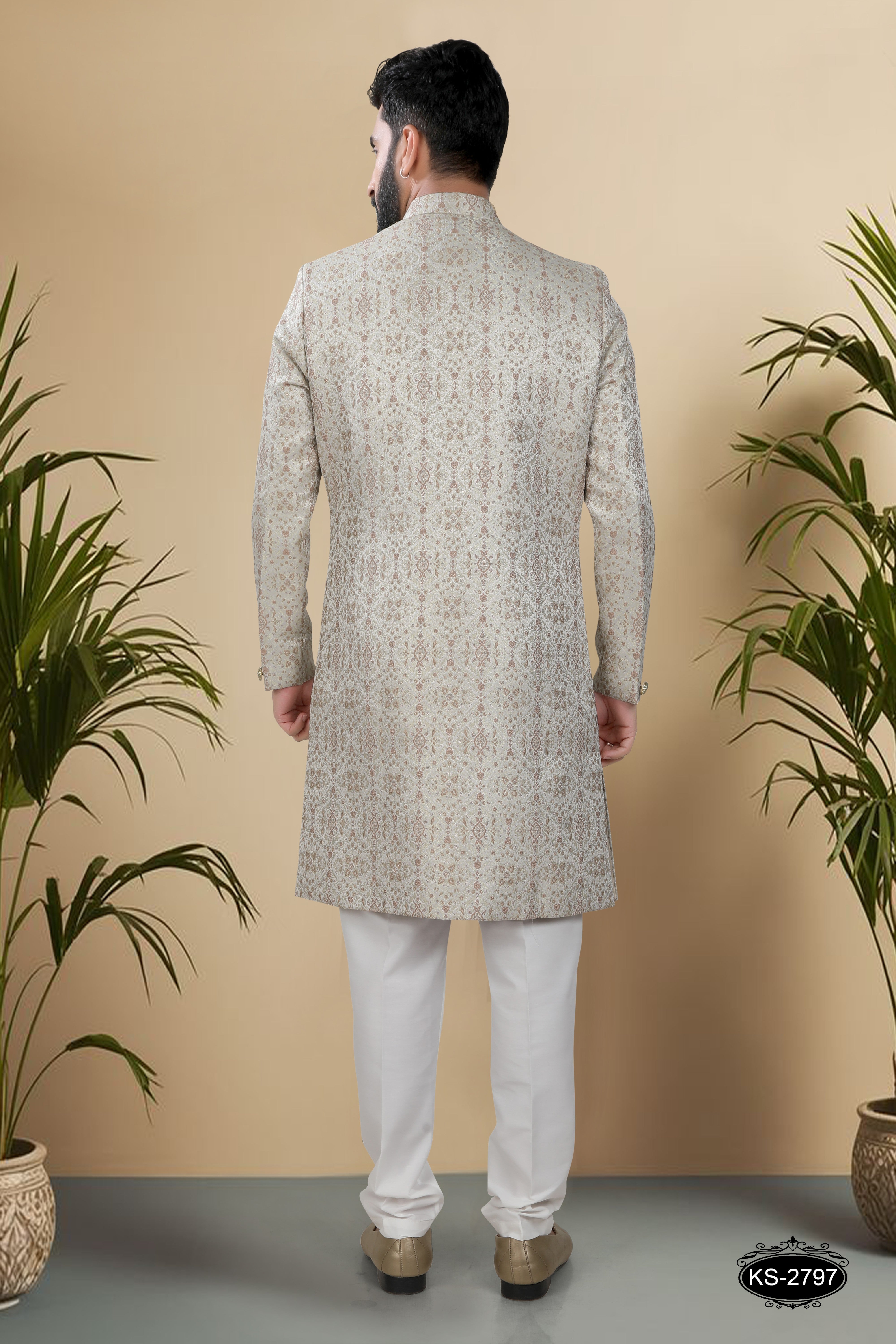 BEIGE TONE INDO-WESTERN SET WITH SELF-DESIGN FOR EVERY FESTIVITY