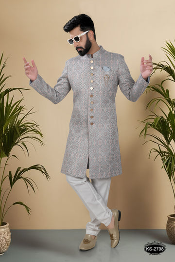 INDO-WESTERN SET IN GREY HUE WITH SELF-DESIGN