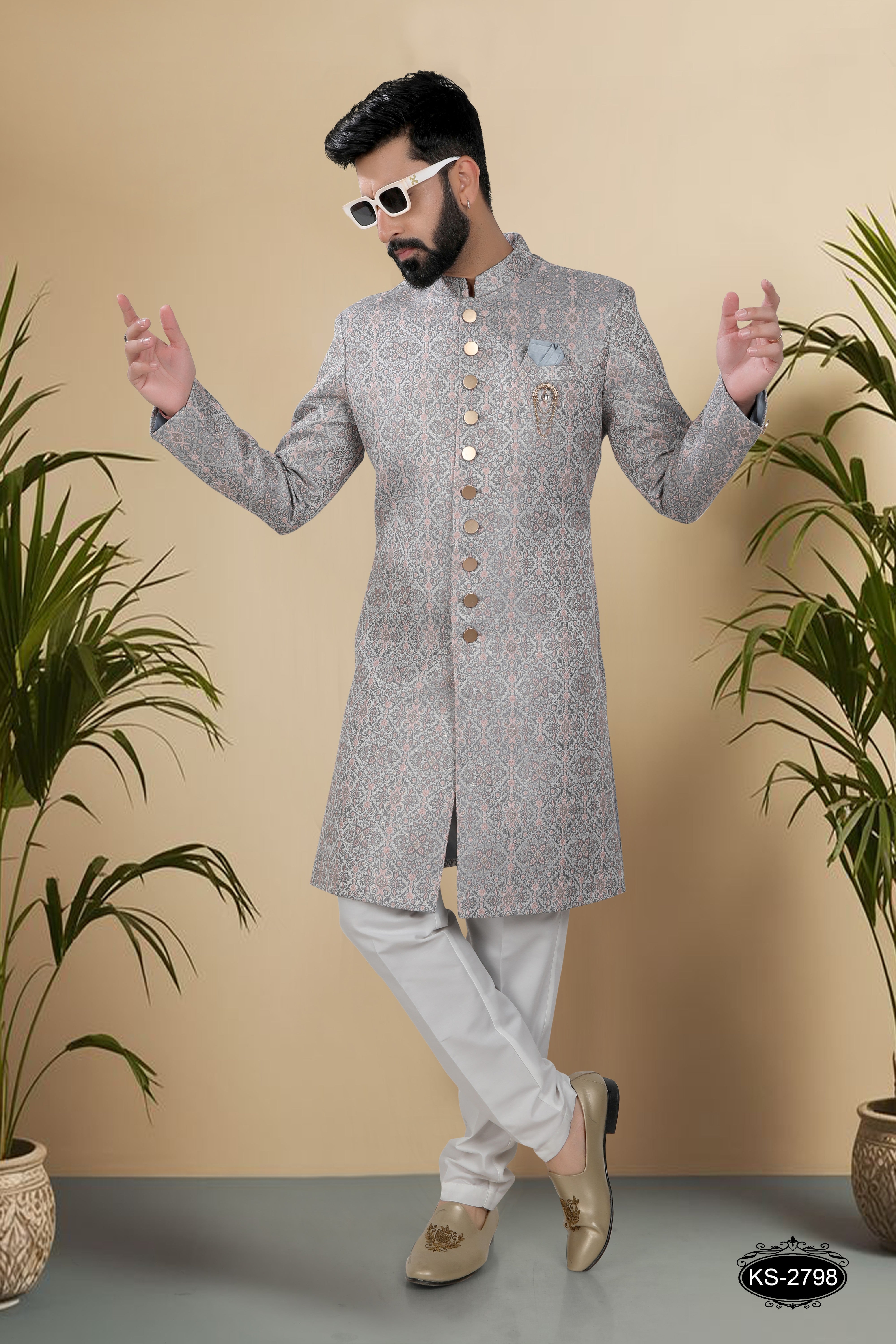 INDO-WESTERN SET IN GREY HUE WITH SELF-DESIGN