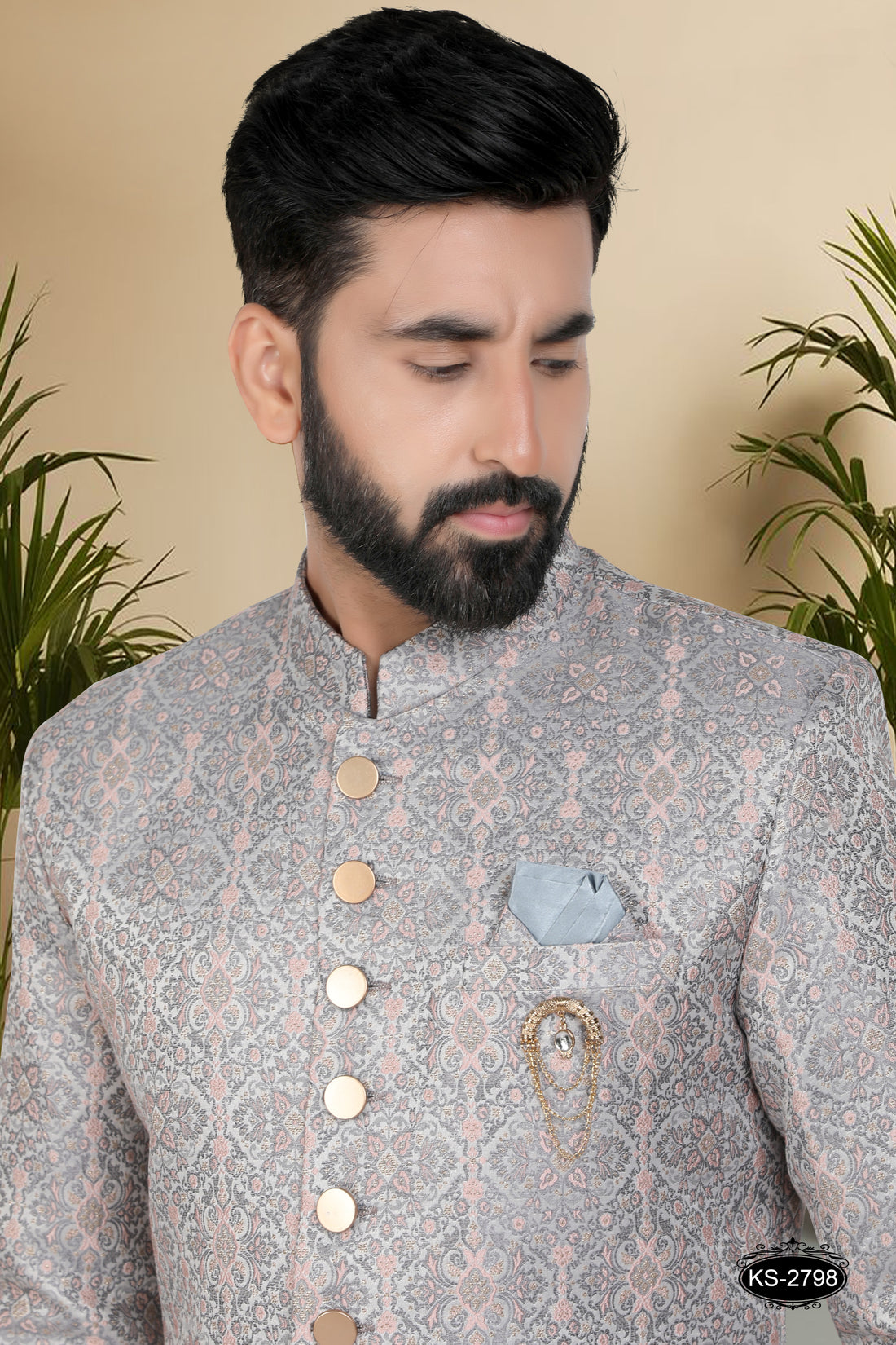 INDO-WESTERN SET IN GREY HUE WITH SELF-DESIGN