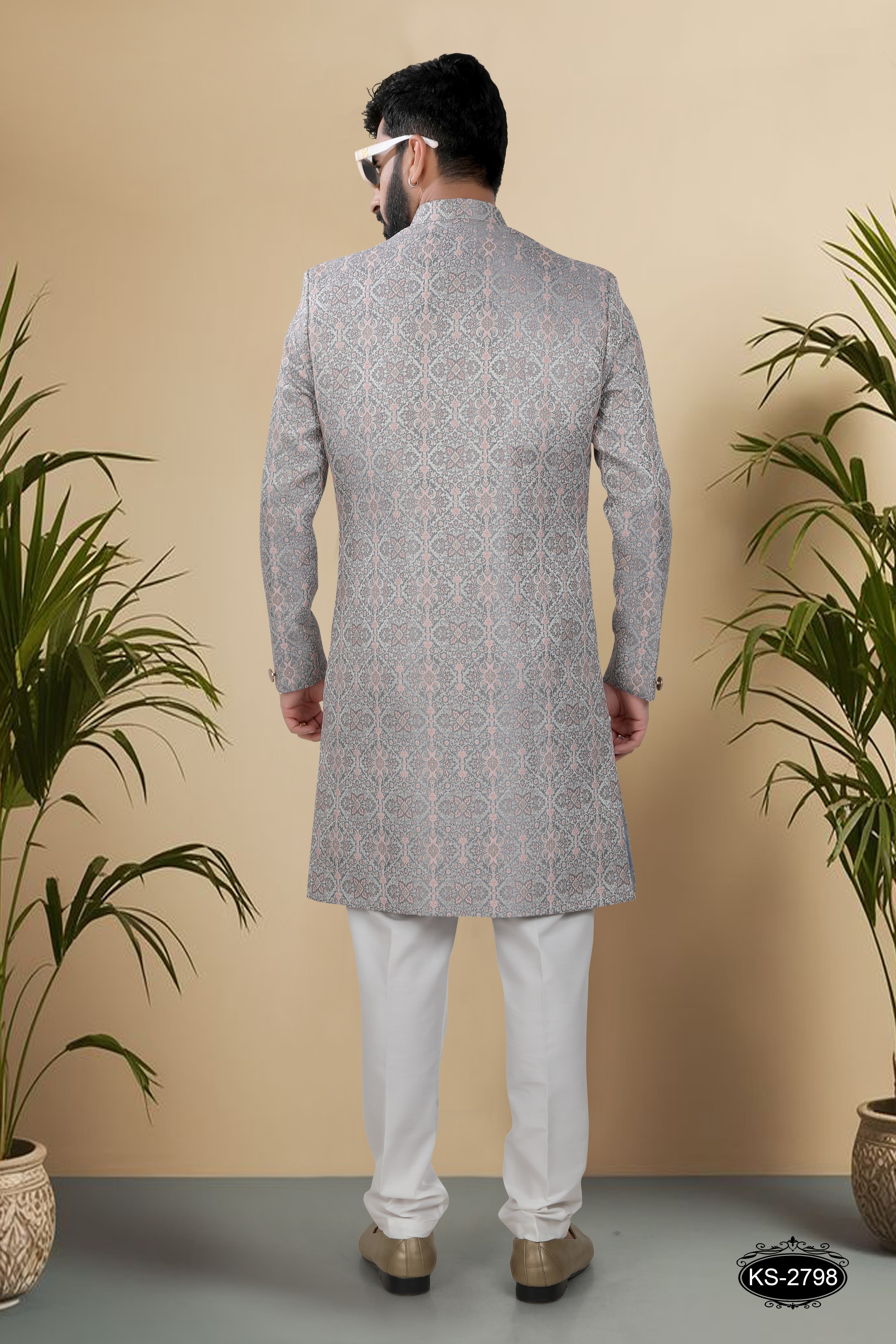 INDO-WESTERN SET IN GREY HUE WITH SELF-DESIGN