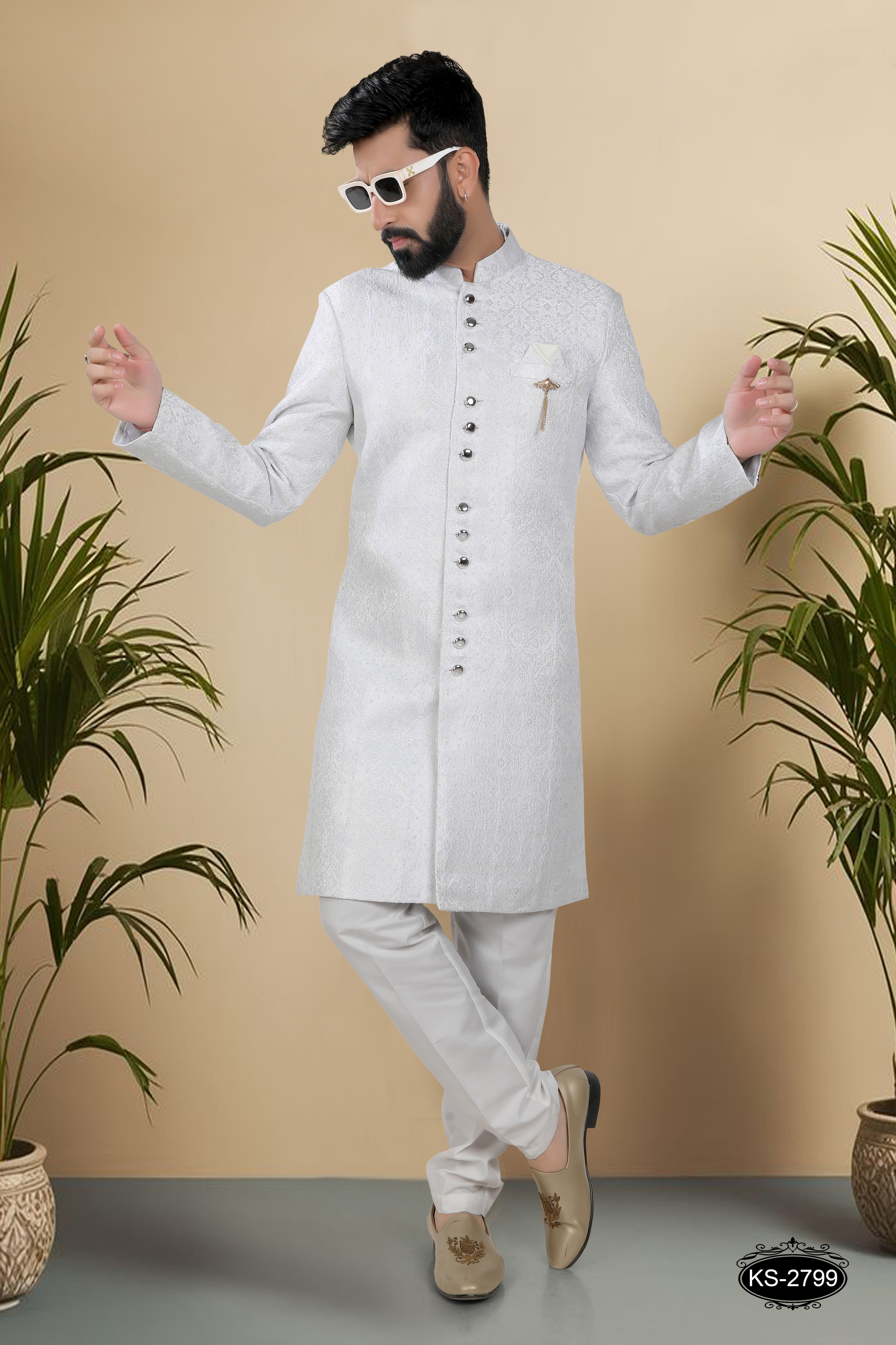 WHITE HUE INDO-WESTERN SET WITH SELF-DESIGN