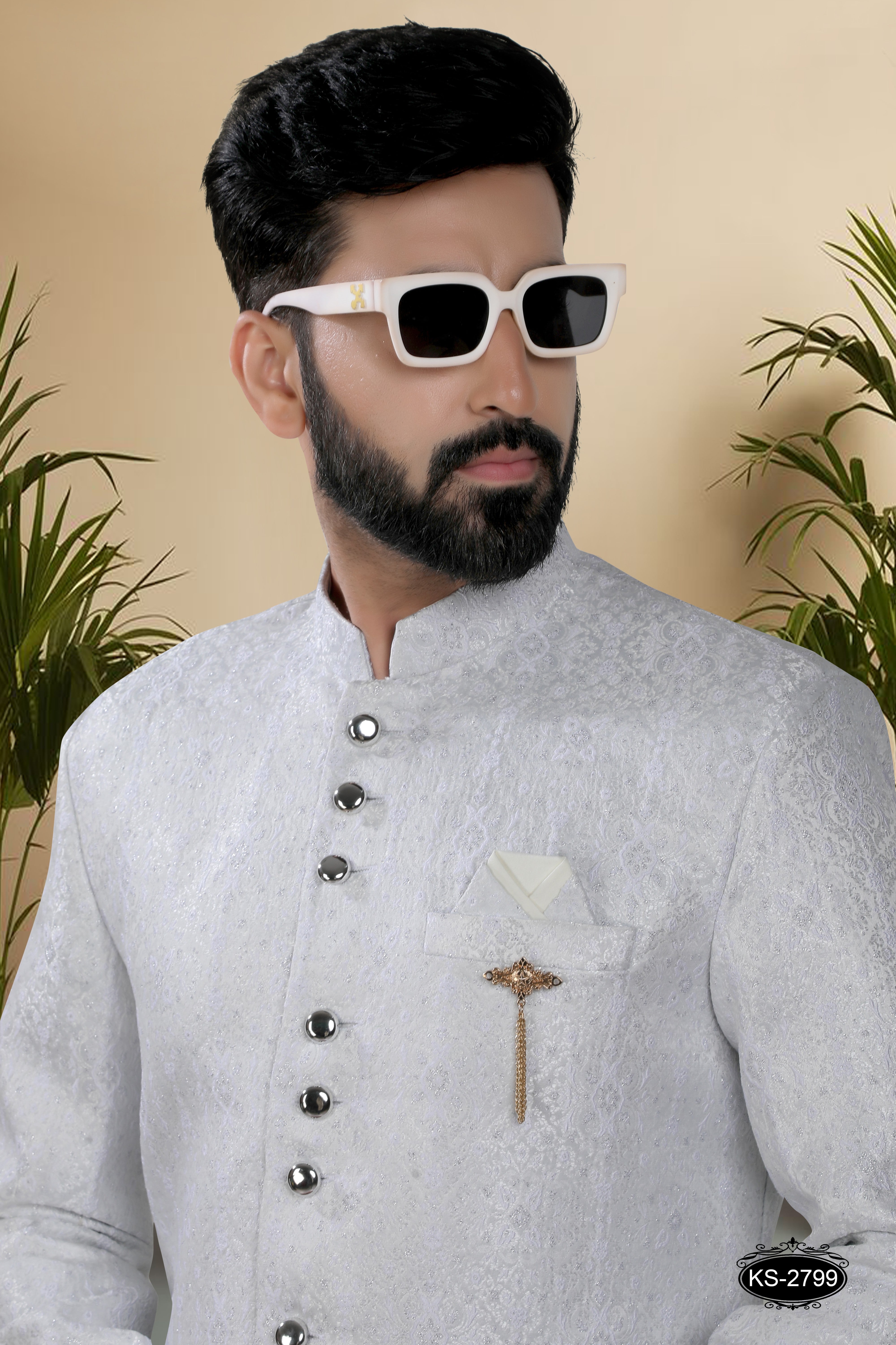 WHITE HUE INDO-WESTERN SET WITH SELF-DESIGN