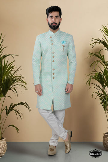 UNIQUE STYLE IN BLUISH-GREEN TONE INDO-WESTERN SET WITH SELF-DESIGN