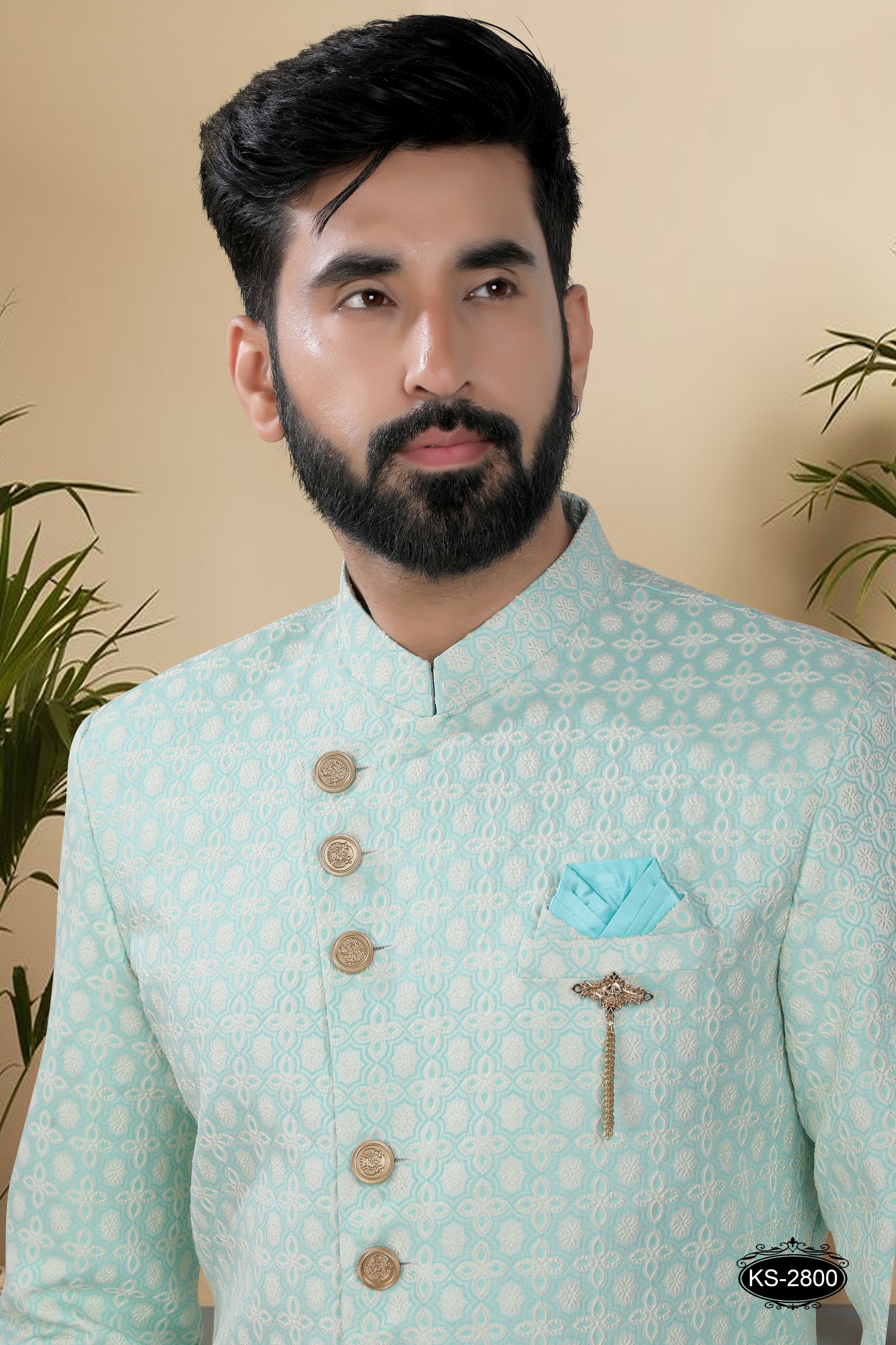 UNIQUE STYLE IN BLUISH-GREEN TONE INDO-WESTERN SET WITH SELF-DESIGN