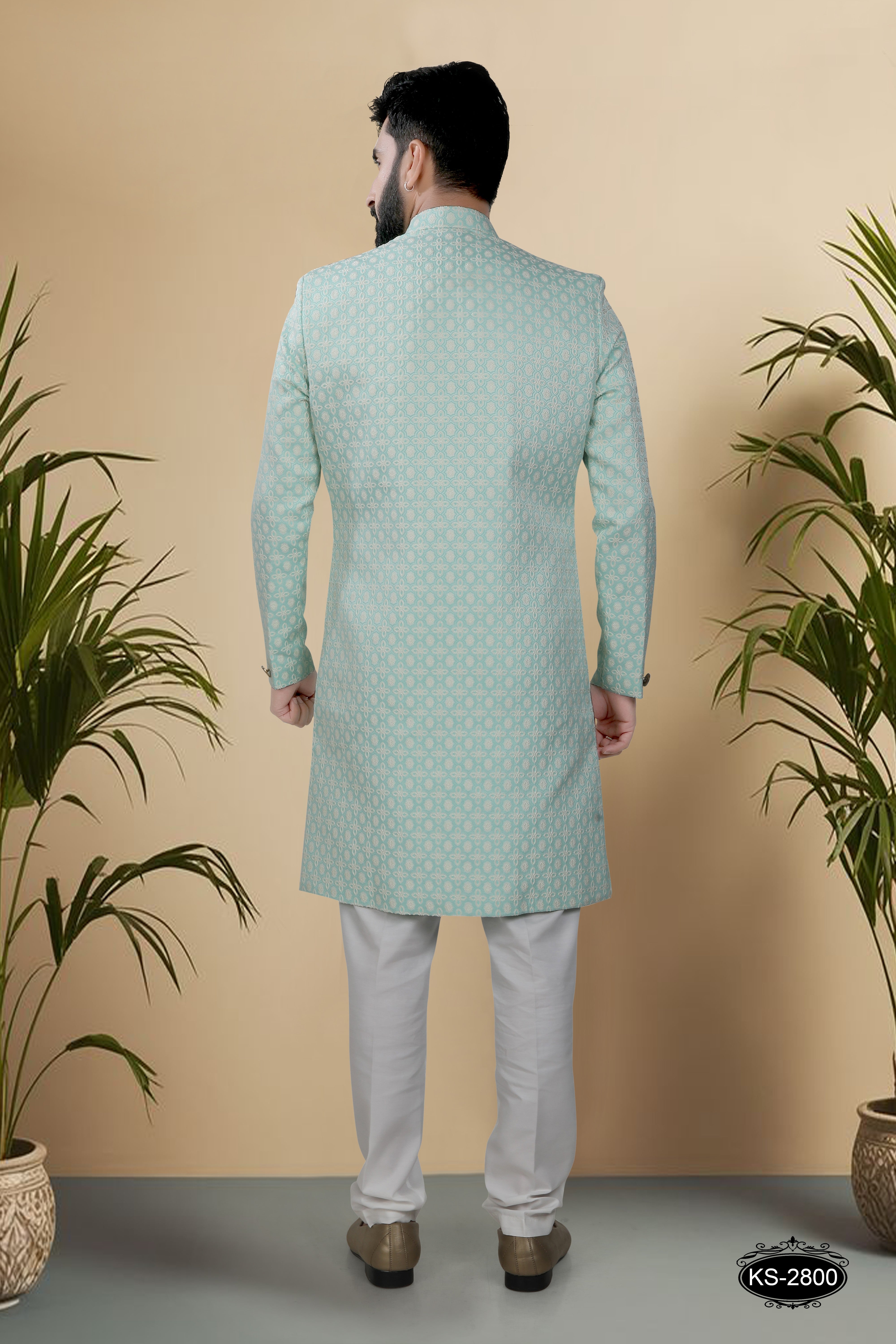 UNIQUE STYLE IN BLUISH-GREEN TONE INDO-WESTERN SET WITH SELF-DESIGN