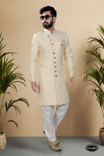 UNIQUE PATTERN INDO-WESTERN SET IN YELLOW HUE WITH SELF-DESIGN