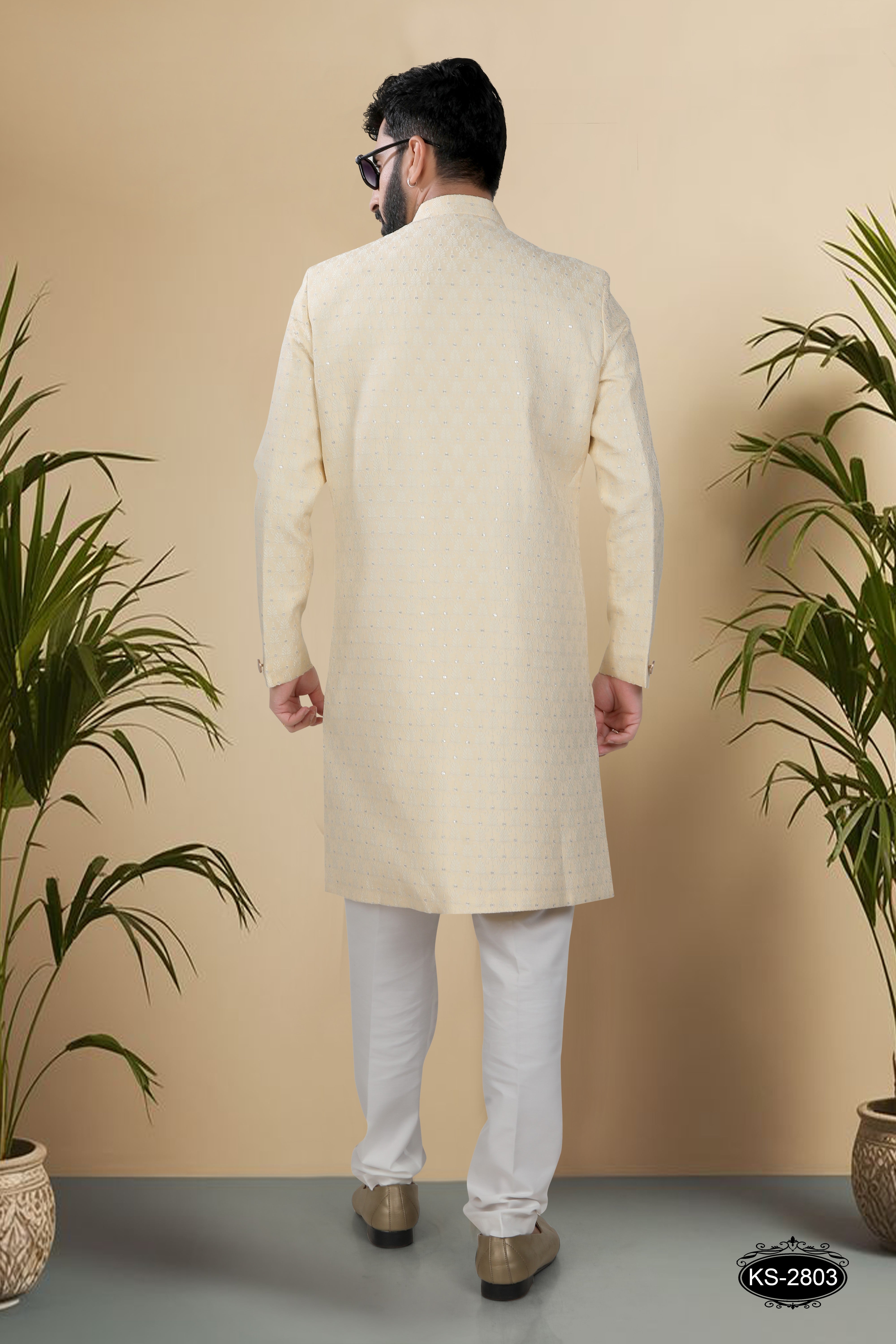UNIQUE PATTERN INDO-WESTERN SET IN YELLOW HUE WITH SELF-DESIGN