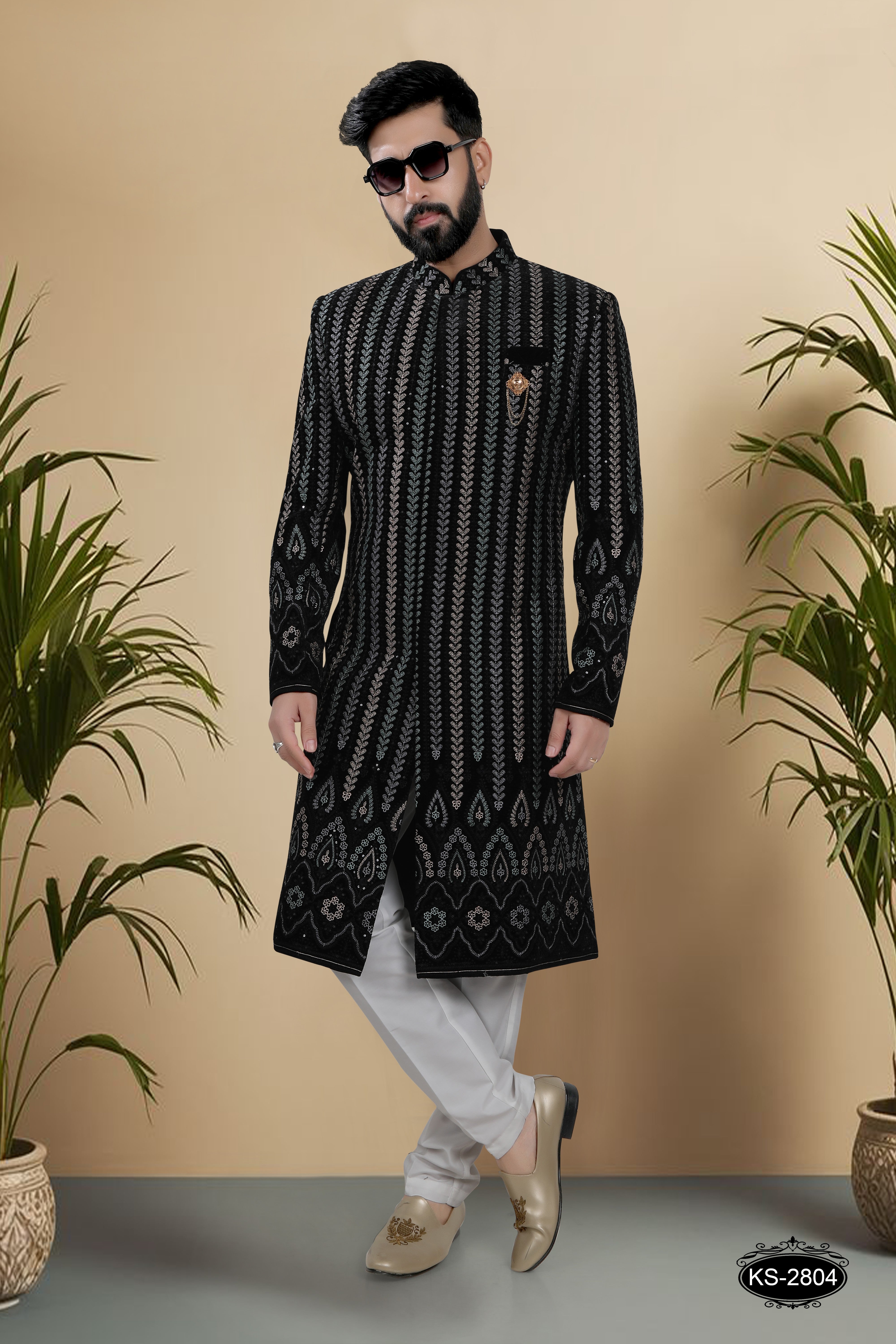BLACK HUE SHERWANI SET WITH HEAVY PANEL & THREAD EMBROIDERY ALL-OVER