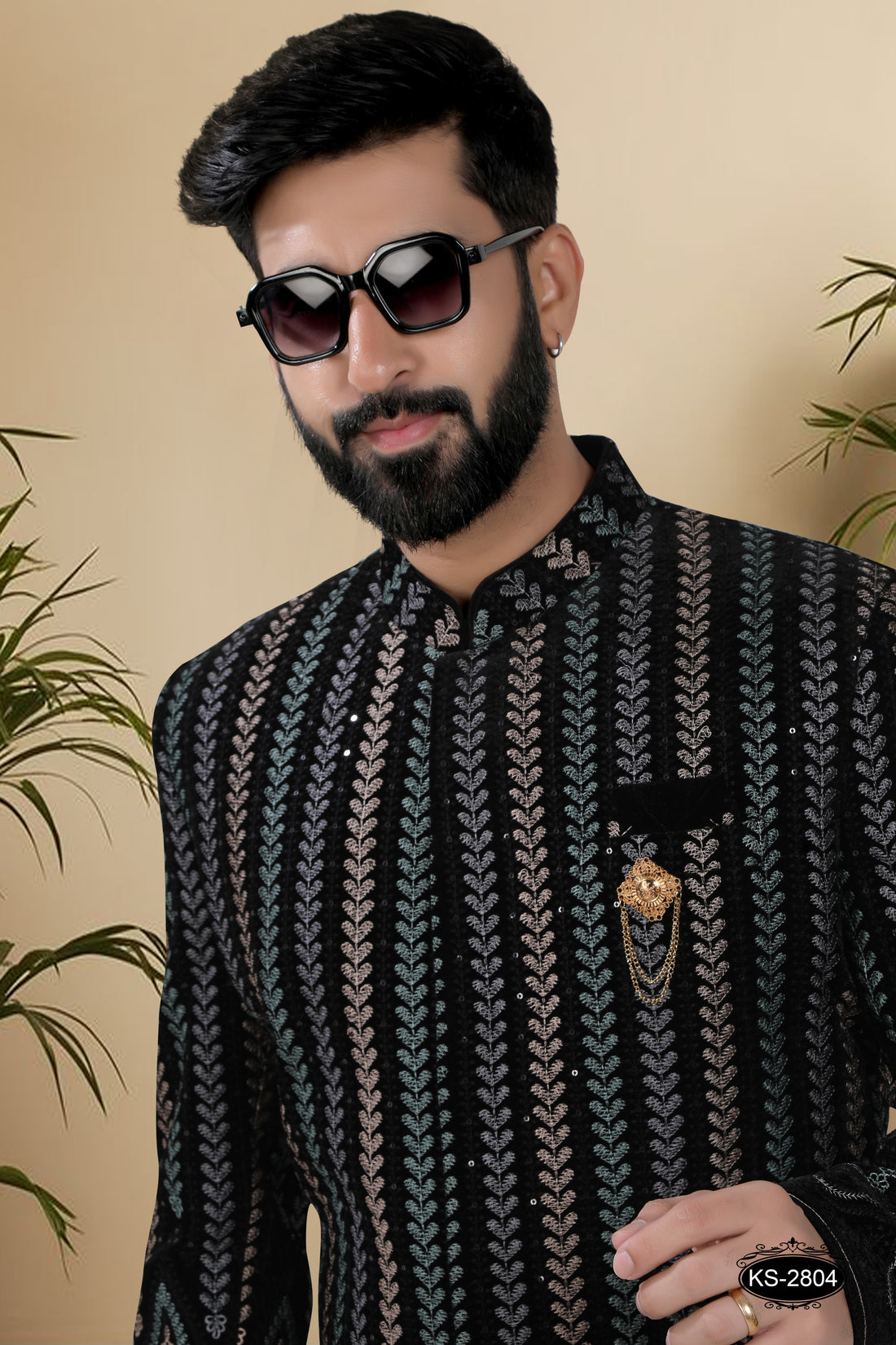 BLACK HUE SHERWANI SET WITH HEAVY PANEL & THREAD EMBROIDERY ALL-OVER