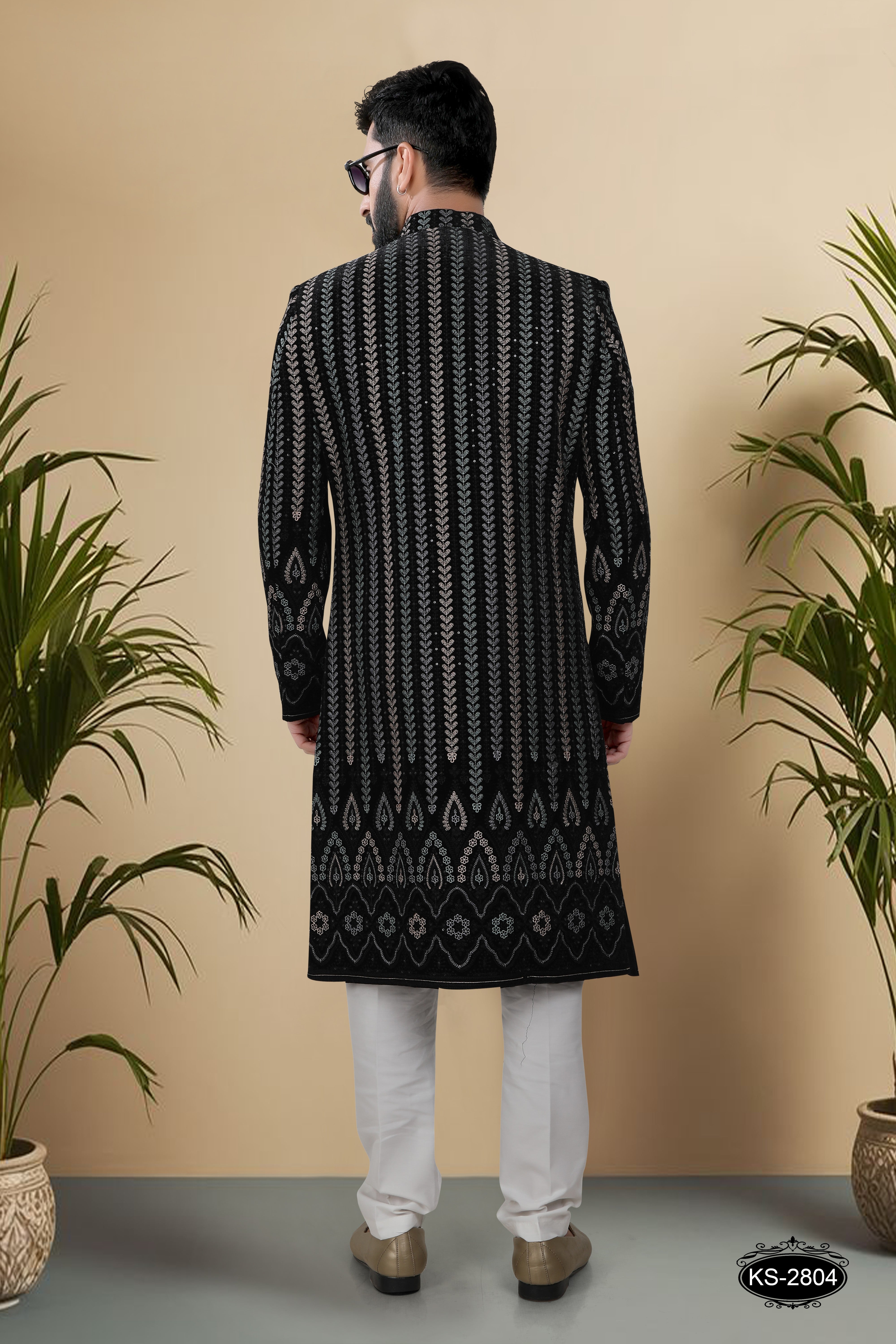 BLACK HUE SHERWANI SET WITH HEAVY PANEL & THREAD EMBROIDERY ALL-OVER