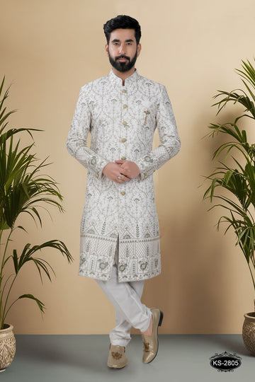 OFF-WHITE SHERWANI SET WITH HEAVY PANEL & THREAD EMBROIDERY ALL-OVER.
