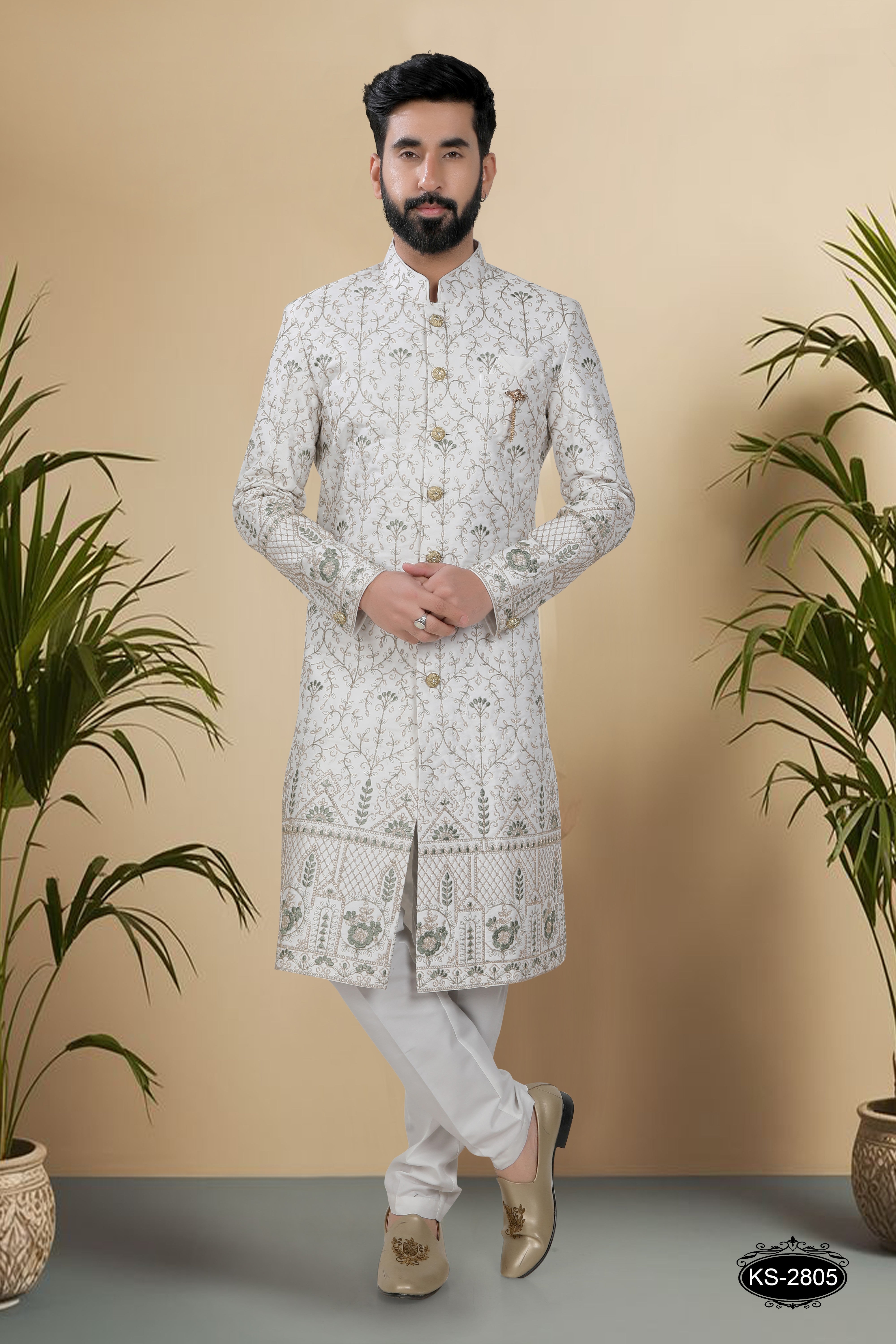 OFF-WHITE SHERWANI SET WITH HEAVY PANEL & THREAD EMBROIDERY ALL-OVER.