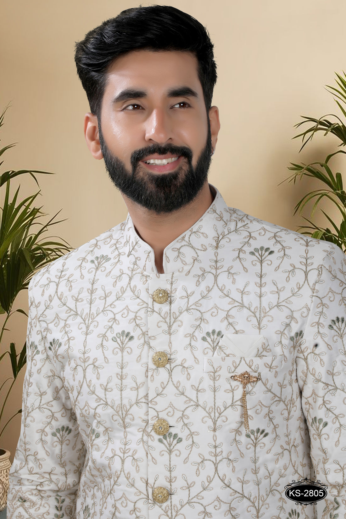 OFF-WHITE SHERWANI SET WITH HEAVY PANEL & THREAD EMBROIDERY ALL-OVER.