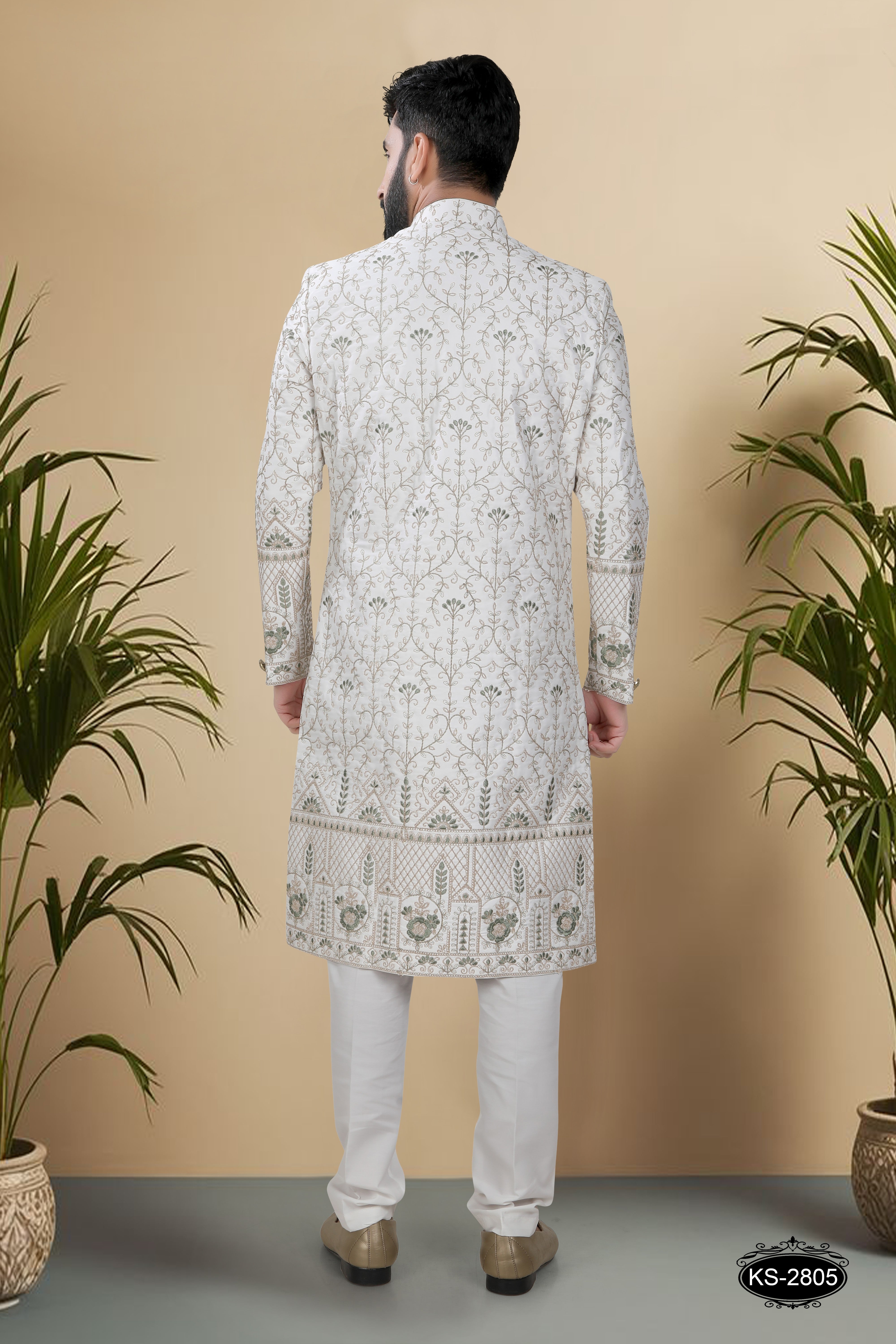 OFF-WHITE SHERWANI SET WITH HEAVY PANEL & THREAD EMBROIDERY ALL-OVER.