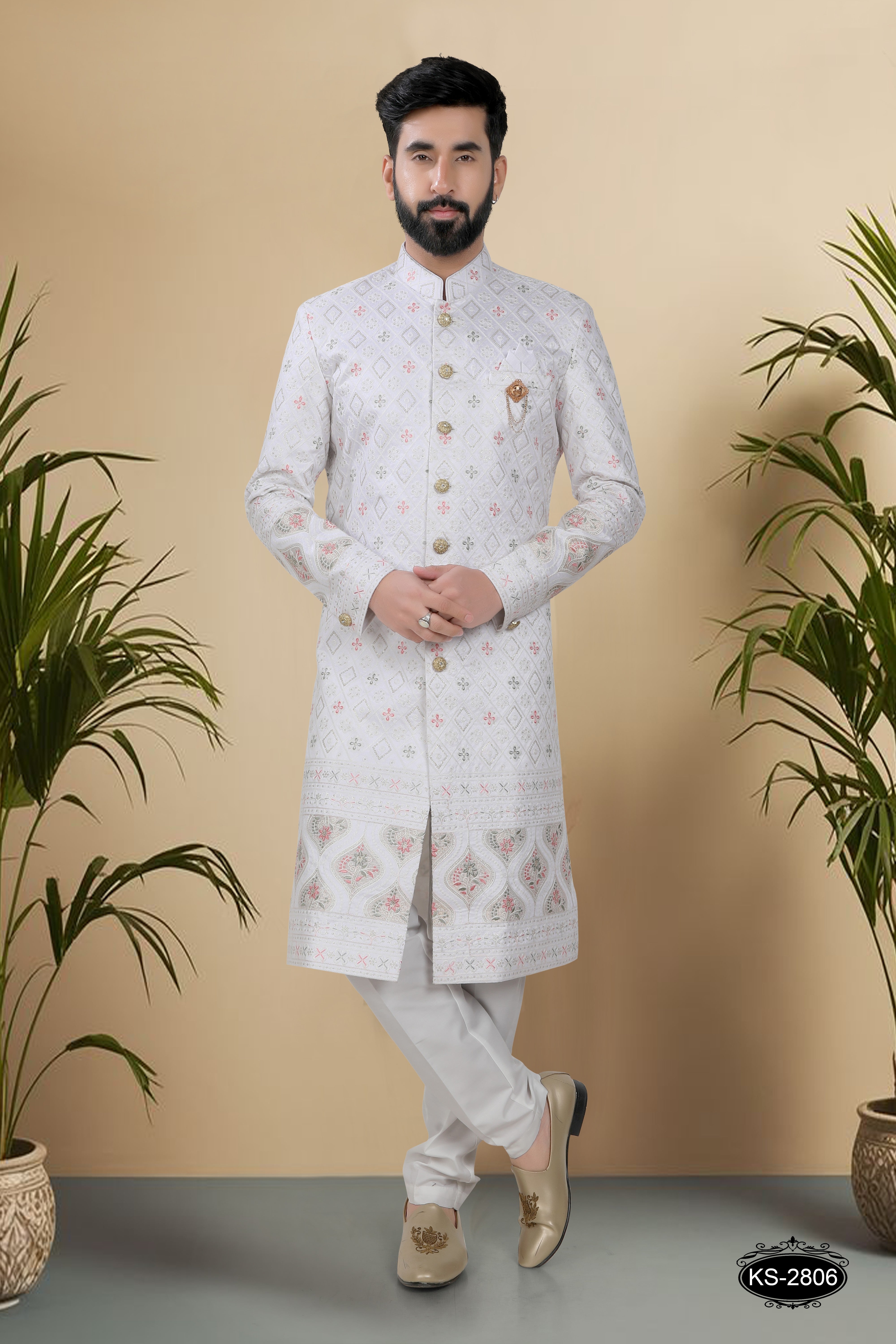WHITE ( MULTI-TONE )  SHERWANI SET WITH HEAVY PANEL & THREAD EMBROIDERY ALL-OVER