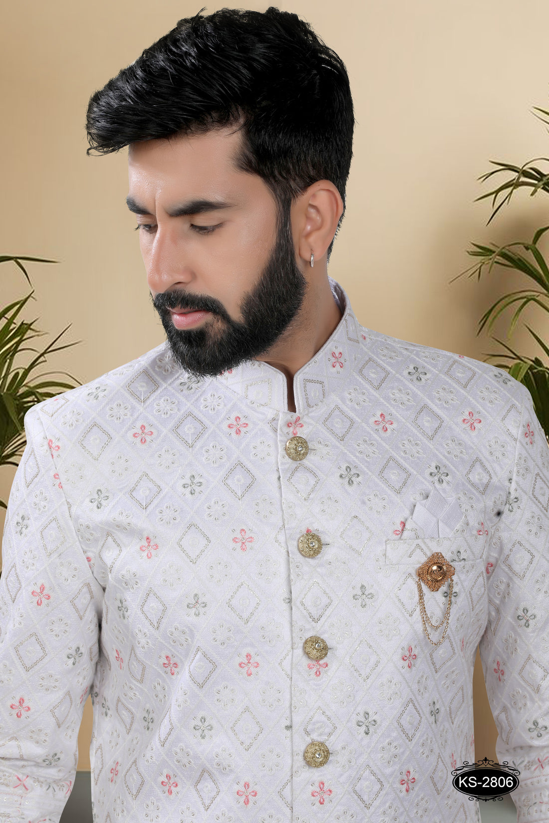 WHITE ( MULTI-TONE )  SHERWANI SET WITH HEAVY PANEL & THREAD EMBROIDERY ALL-OVER