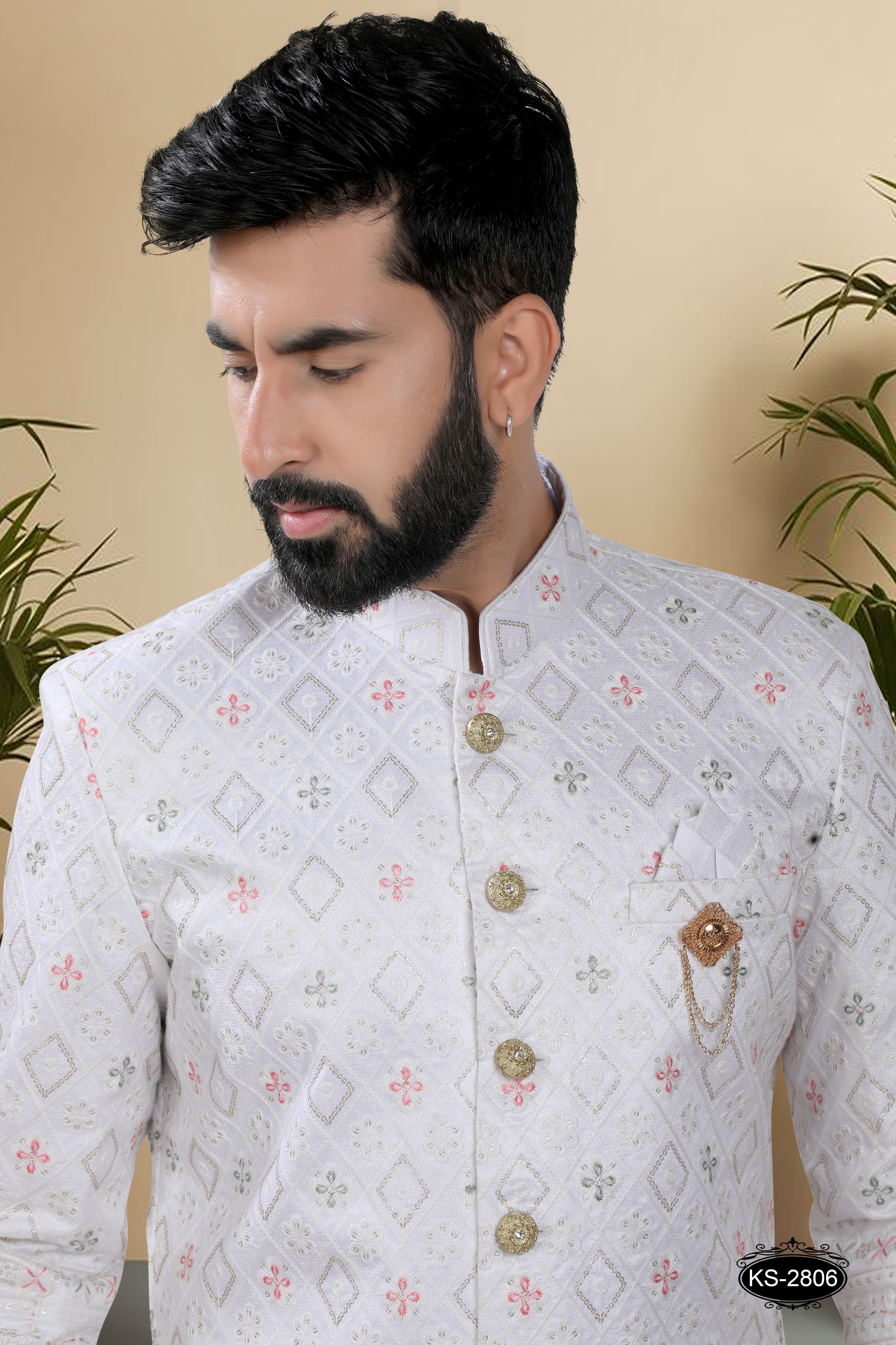 WHITE ( MULTI-TONE )  SHERWANI SET WITH HEAVY PANEL & THREAD EMBROIDERY ALL-OVER