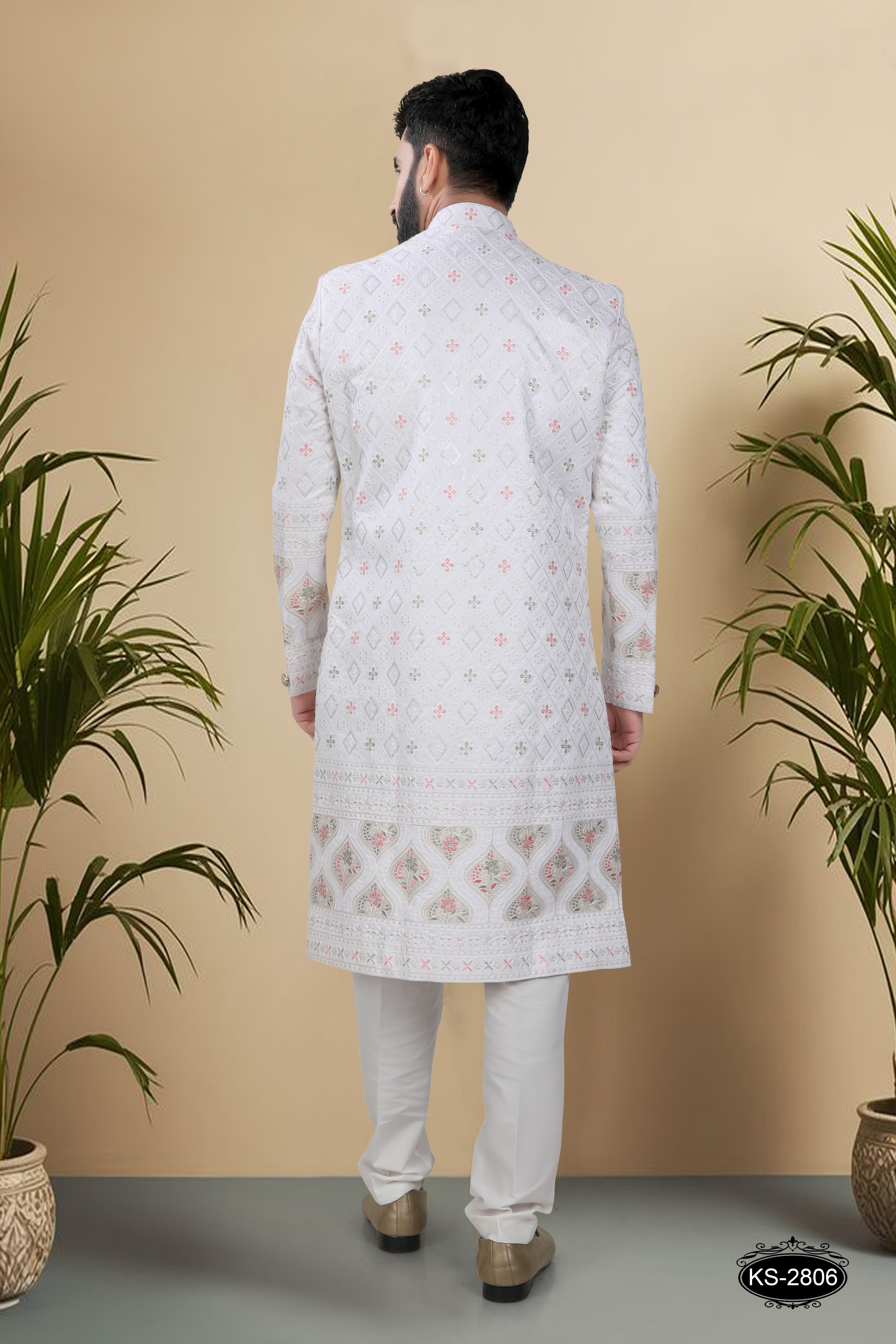 WHITE ( MULTI-TONE )  SHERWANI SET WITH HEAVY PANEL & THREAD EMBROIDERY ALL-OVER