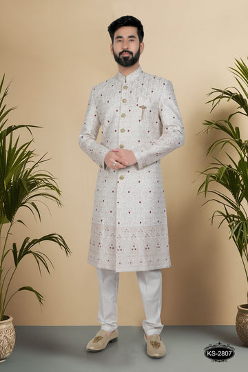 OFF-WHITE ( MAROON ) SHERWANI SET WITH HEAVY PANEL & THREAD EMBROIDERY ALL-OVER
