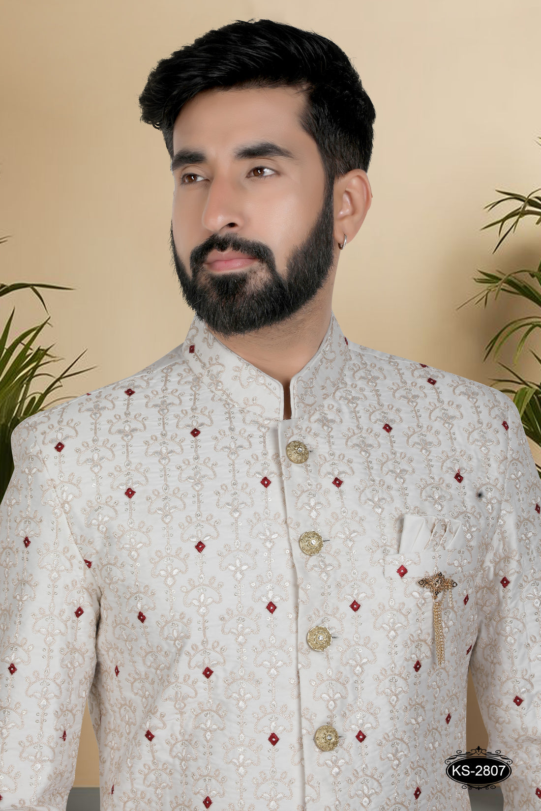 OFF-WHITE ( MAROON ) SHERWANI SET WITH HEAVY PANEL & THREAD EMBROIDERY ALL-OVER
