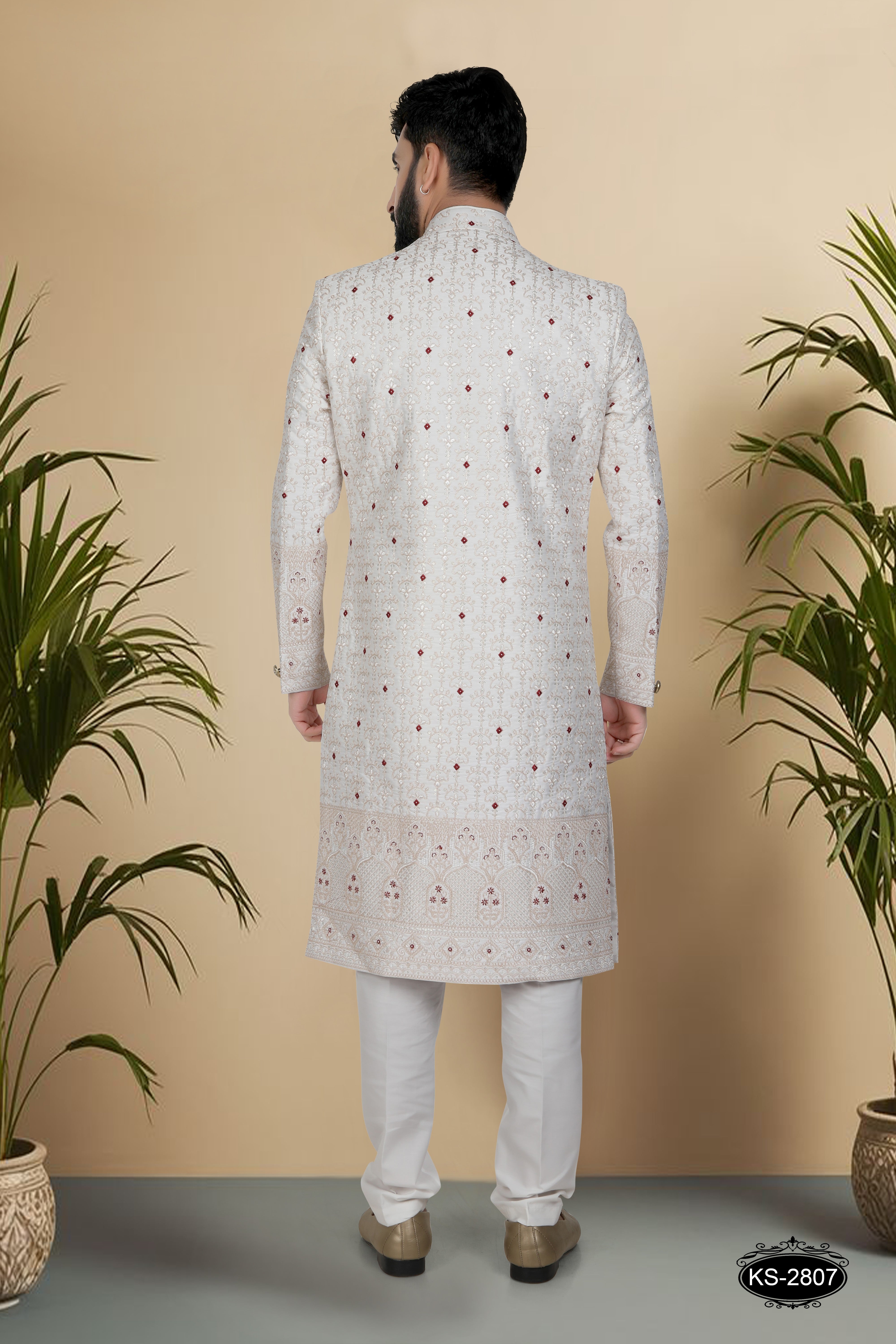 OFF-WHITE ( MAROON ) SHERWANI SET WITH HEAVY PANEL & THREAD EMBROIDERY ALL-OVER