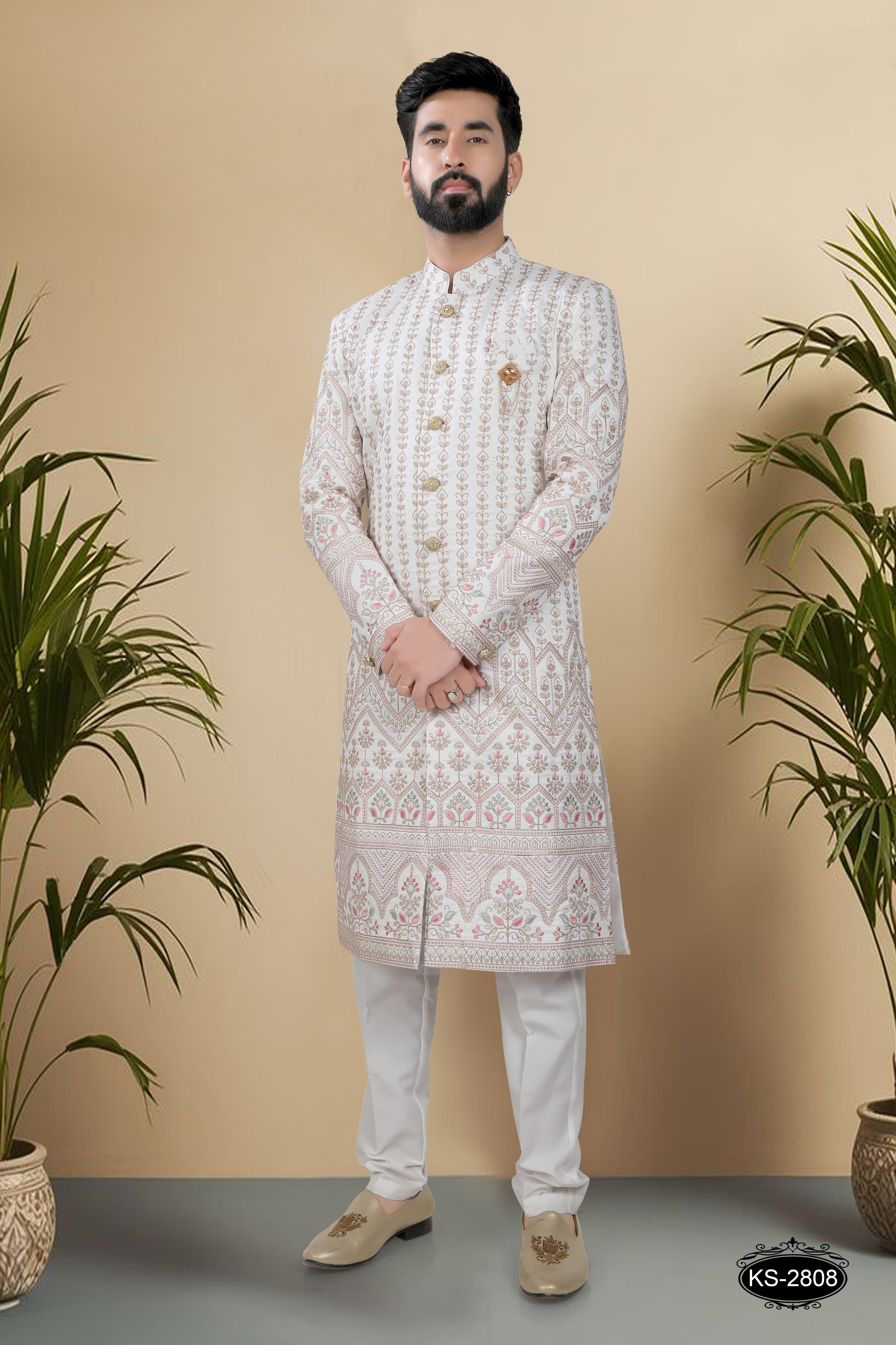 SHERWANI SET IN WHITE-BASE ( PINK & GREEN ) WITH HEAVY PANEL & THREAD EMBROIDERY ALL-OVER
