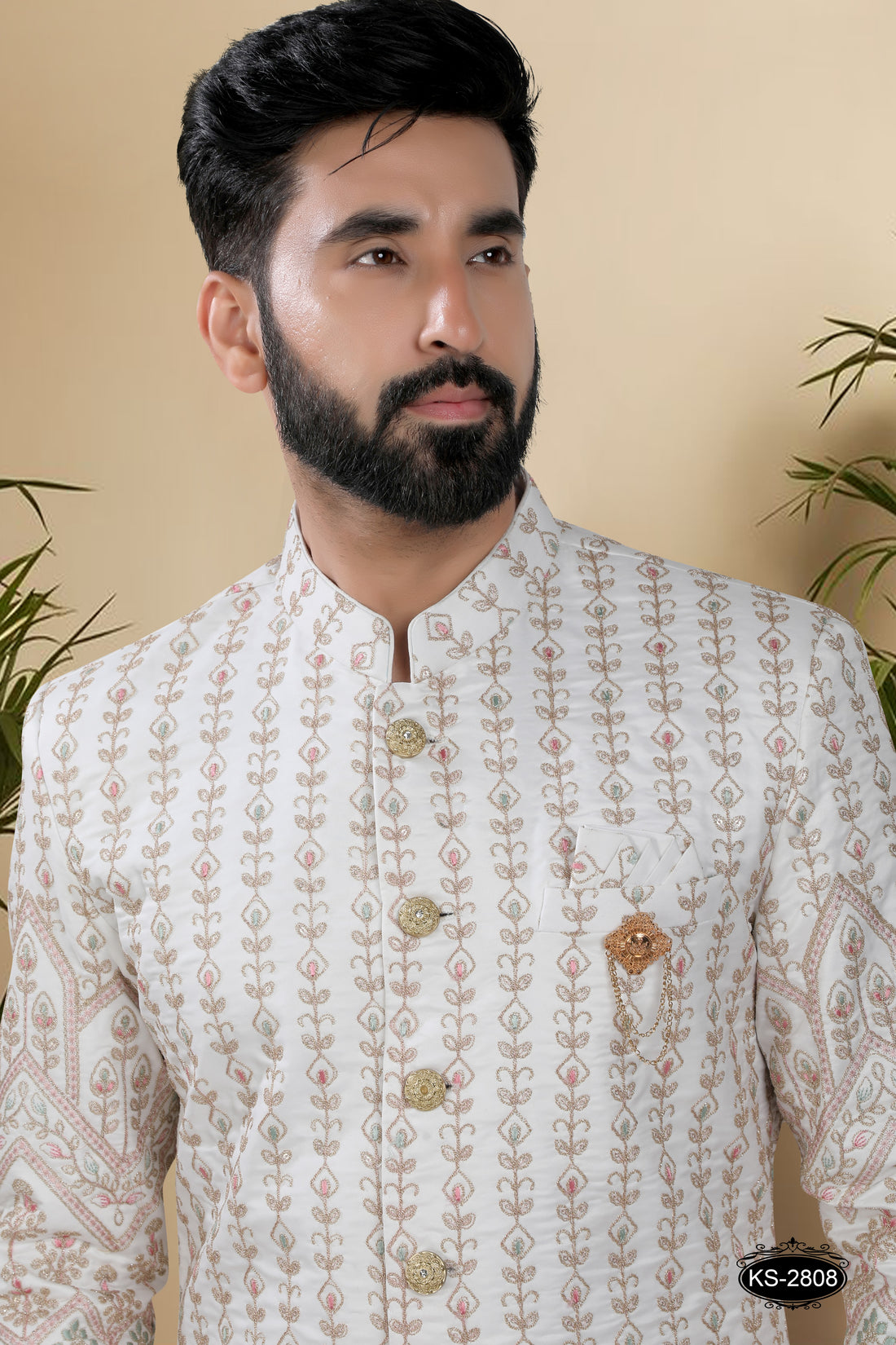 SHERWANI SET IN WHITE-BASE ( PINK & GREEN ) WITH HEAVY PANEL & THREAD EMBROIDERY ALL-OVER