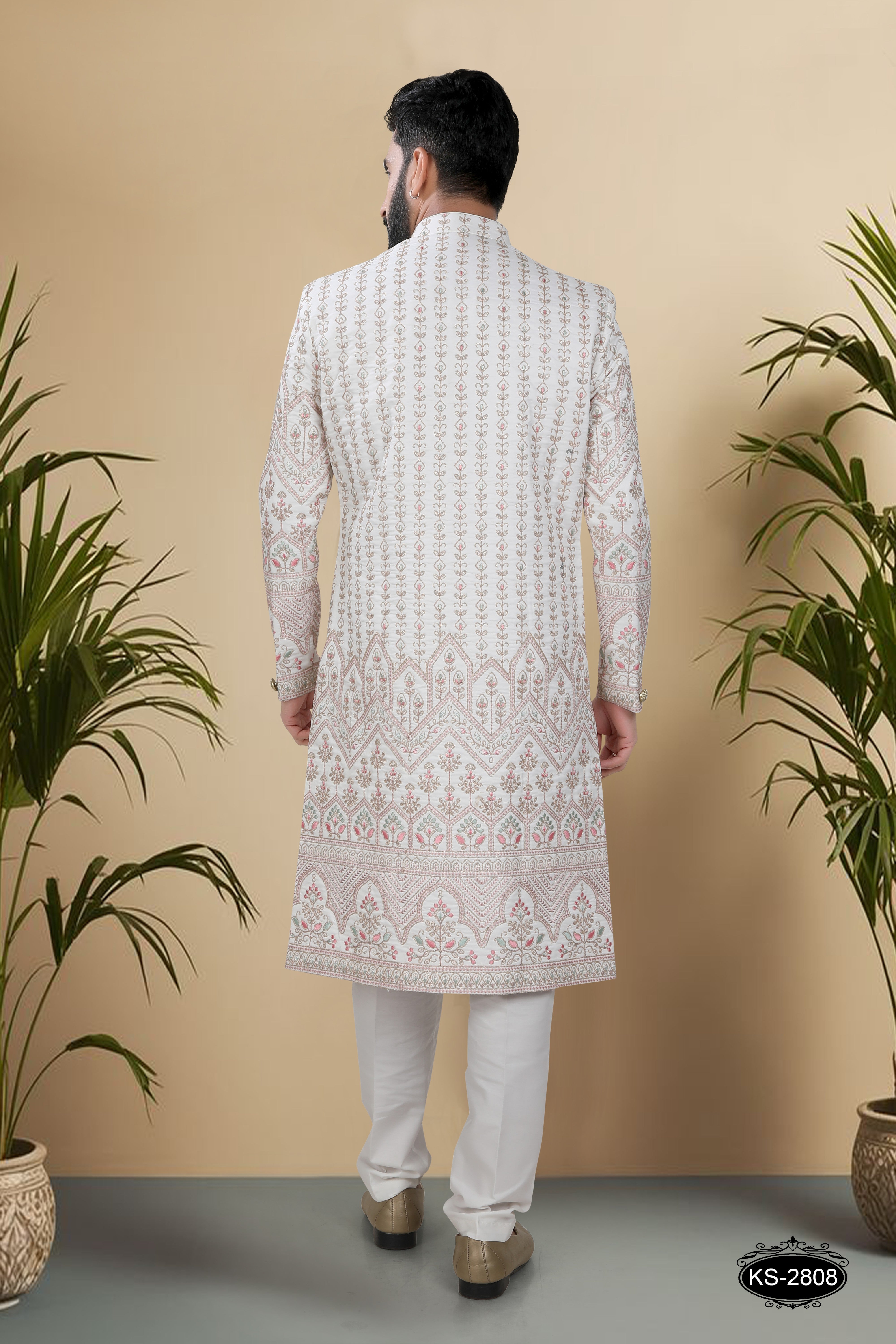 SHERWANI SET IN WHITE-BASE ( PINK & GREEN ) WITH HEAVY PANEL & THREAD EMBROIDERY ALL-OVER