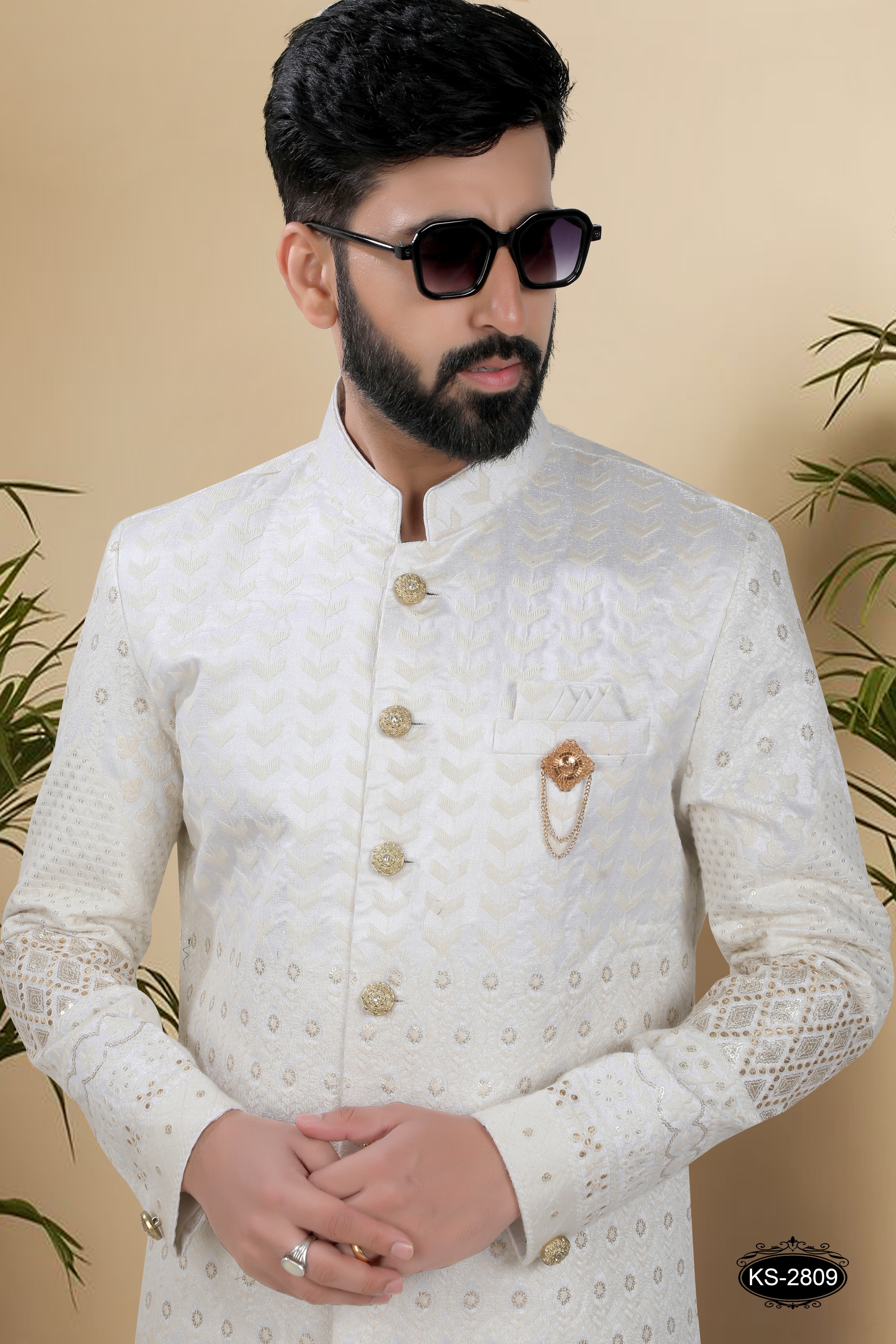 WHITE-BASE SHERWANI SET WITH HEAVY PANEL & THREAD EMBROIDERY ALL-OVER