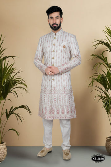 SHERWANI SET IN OFF-WHITE ( PINK ) TONE WITH HEAVY PANEL & THREAD EMBROIDERY ALL-OVER &