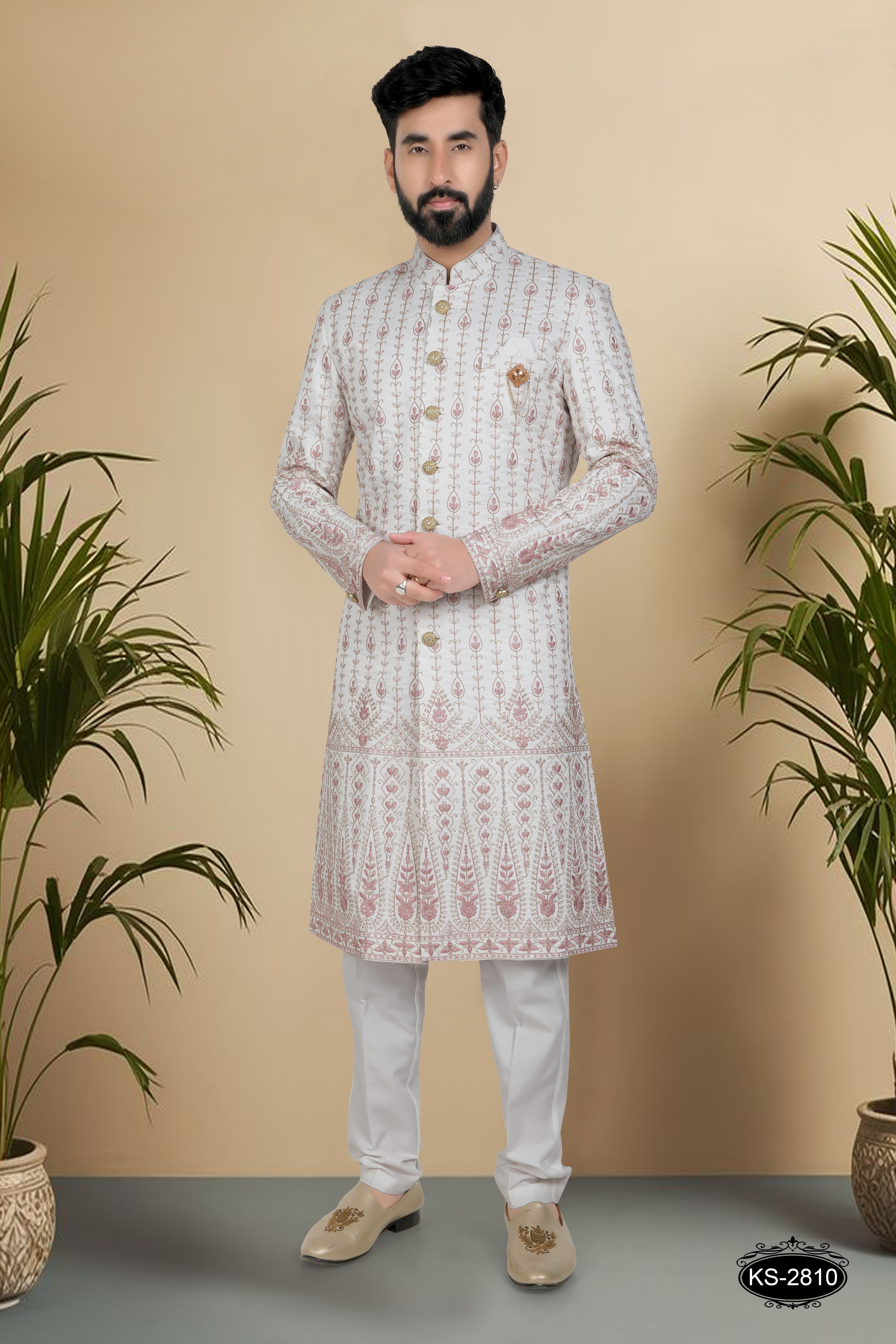 SHERWANI SET IN OFF-WHITE ( PINK ) TONE WITH HEAVY PANEL & THREAD EMBROIDERY ALL-OVER &