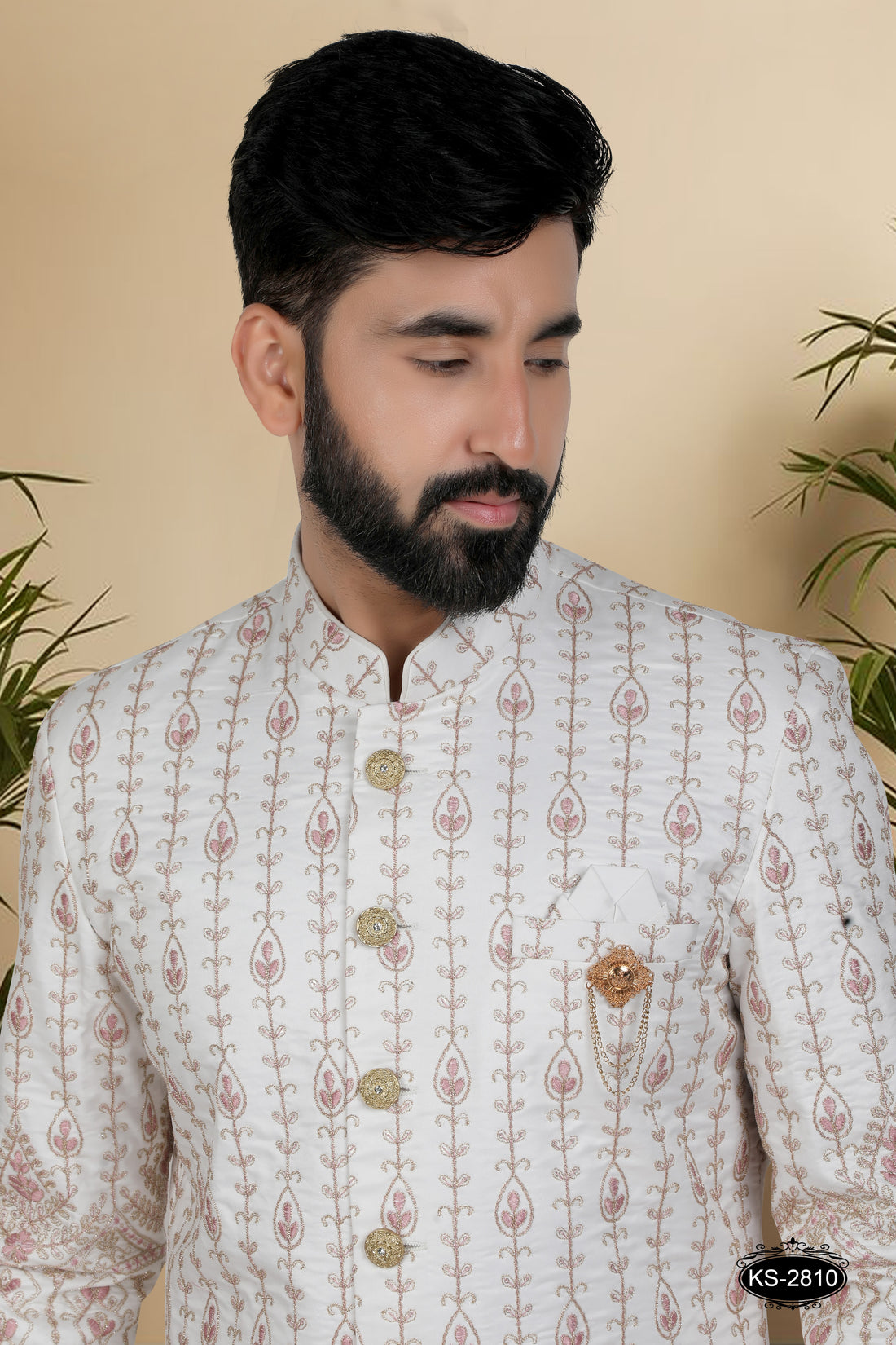 SHERWANI SET IN OFF-WHITE ( PINK ) TONE WITH HEAVY PANEL & THREAD EMBROIDERY ALL-OVER &