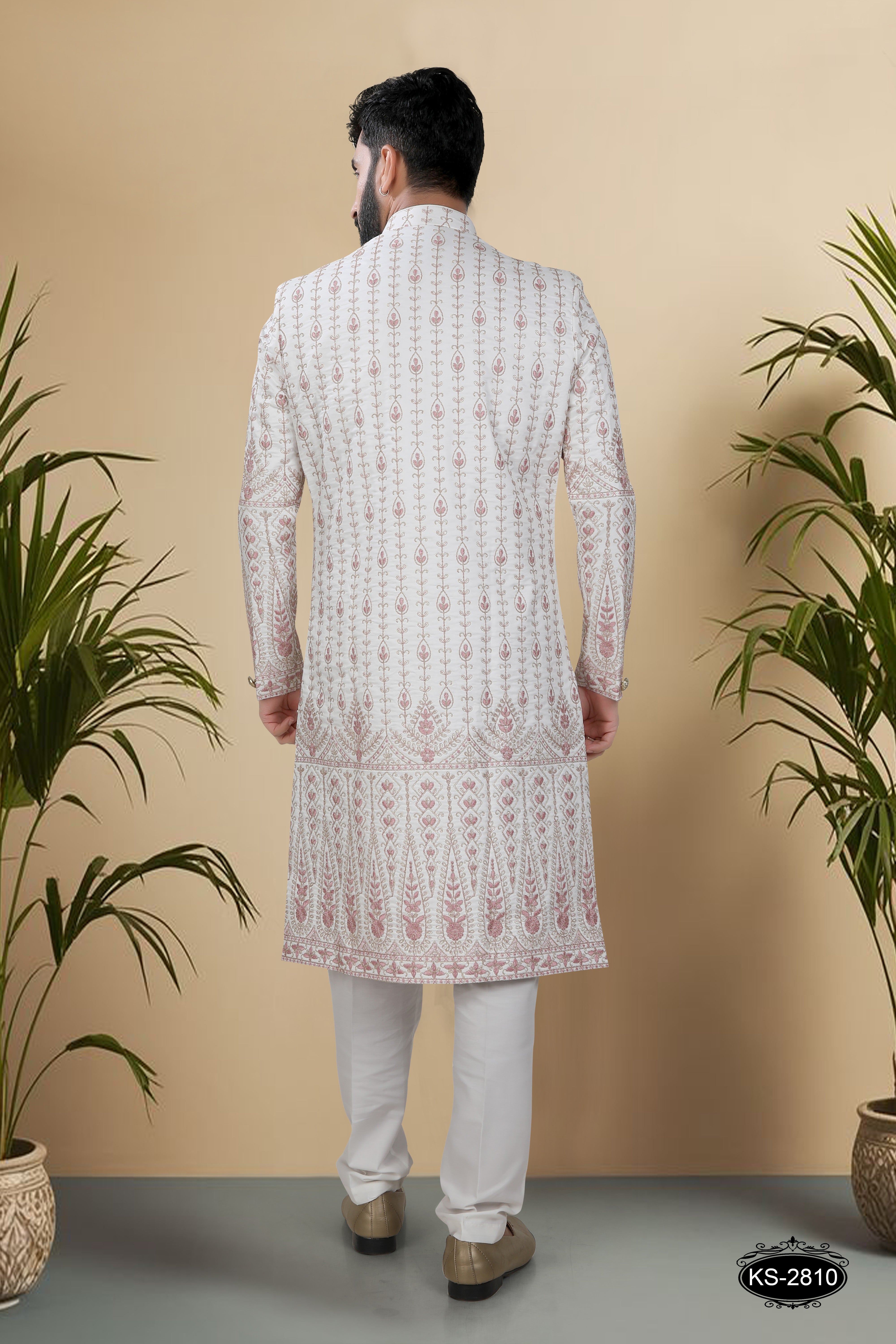 SHERWANI SET IN OFF-WHITE ( PINK ) TONE WITH HEAVY PANEL & THREAD EMBROIDERY ALL-OVER &