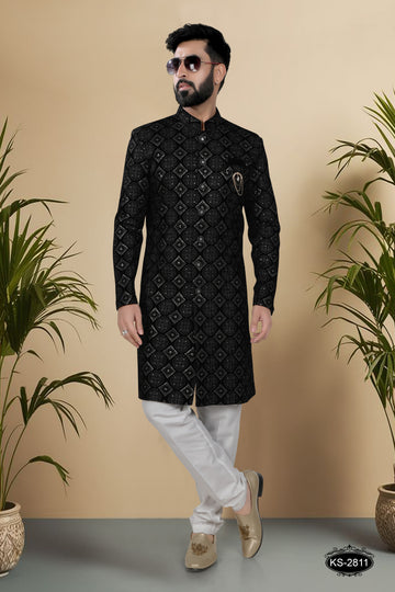 BLACK HUE INDO-WESTERN SET IN VELVET WITH THREAD EMBROIDERY ALL-OVER
