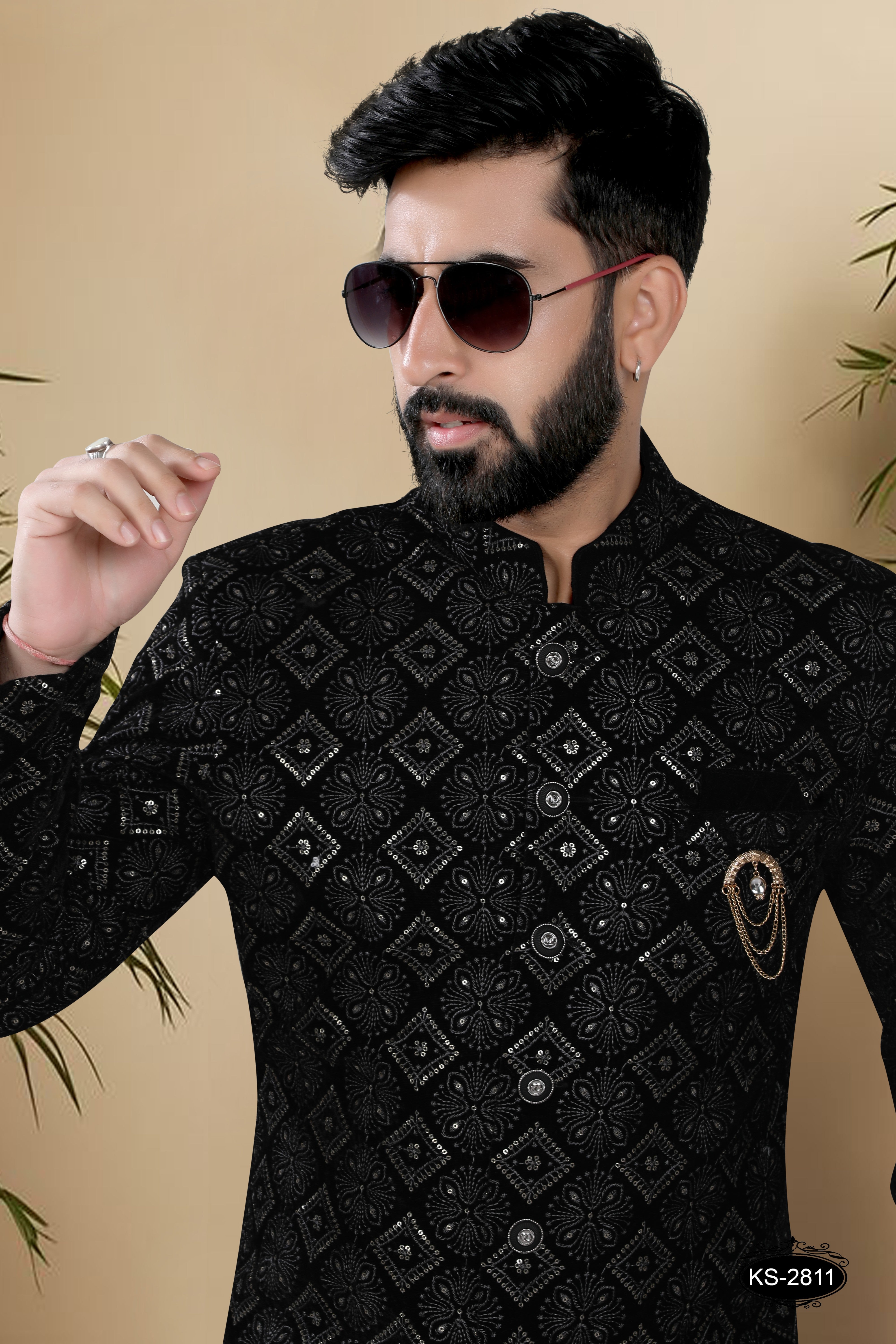 BLACK HUE INDO-WESTERN SET IN VELVET WITH THREAD EMBROIDERY ALL-OVER