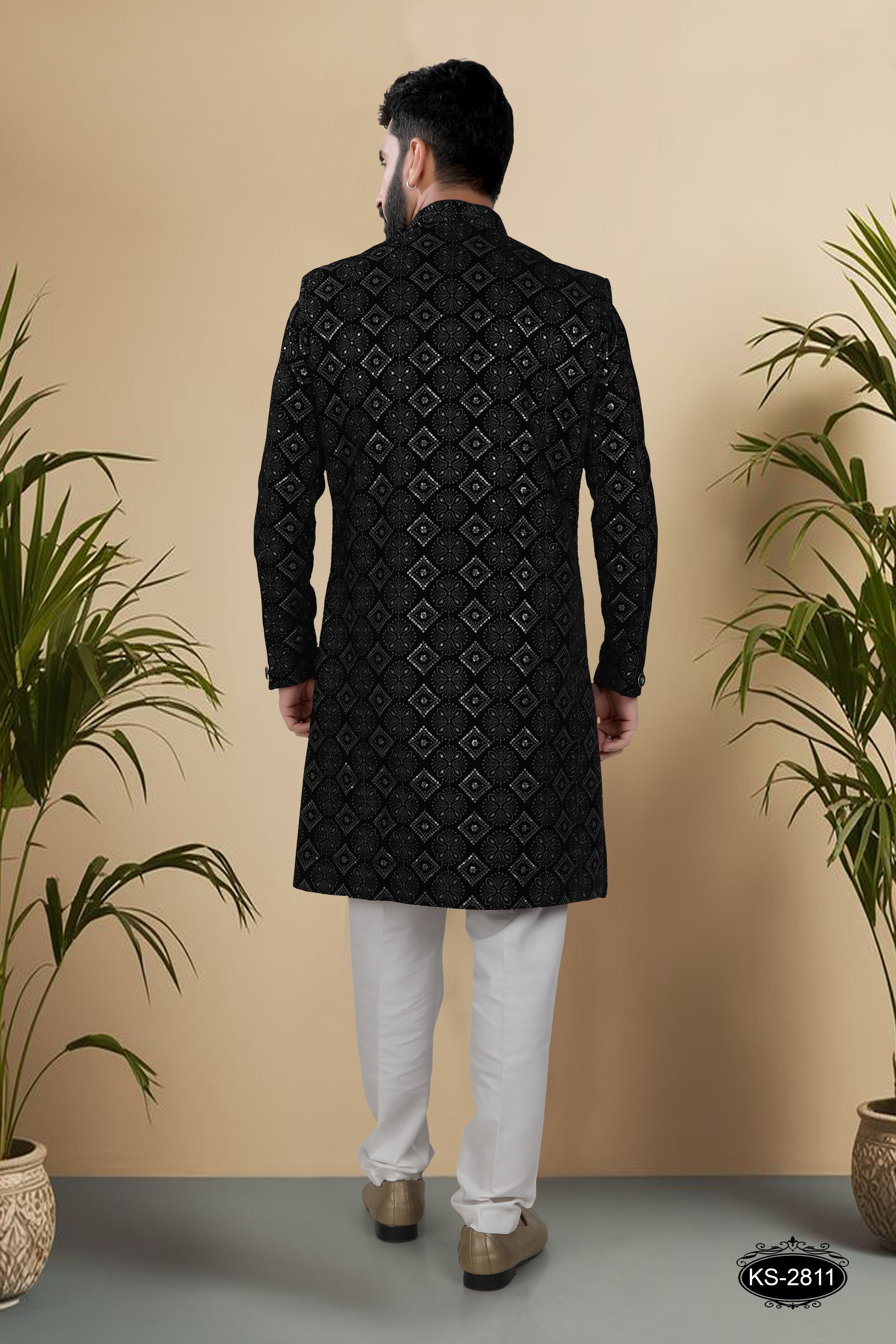 BLACK HUE INDO-WESTERN SET IN VELVET WITH THREAD EMBROIDERY ALL-OVER