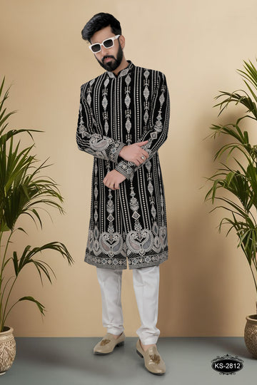 BLACK-BASE SHERWANI SET WITH THREAD EMBROIDERY ALL-OVER & HEAVY PANEL
