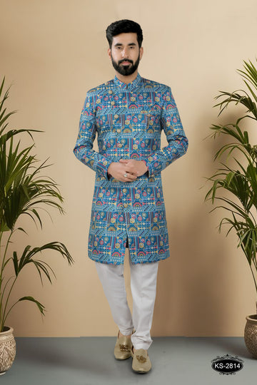 BLUE ( MULTI-TONE ) INDO-WESTERN SET WITH THREAD EMBROIDERY ALL-OVER