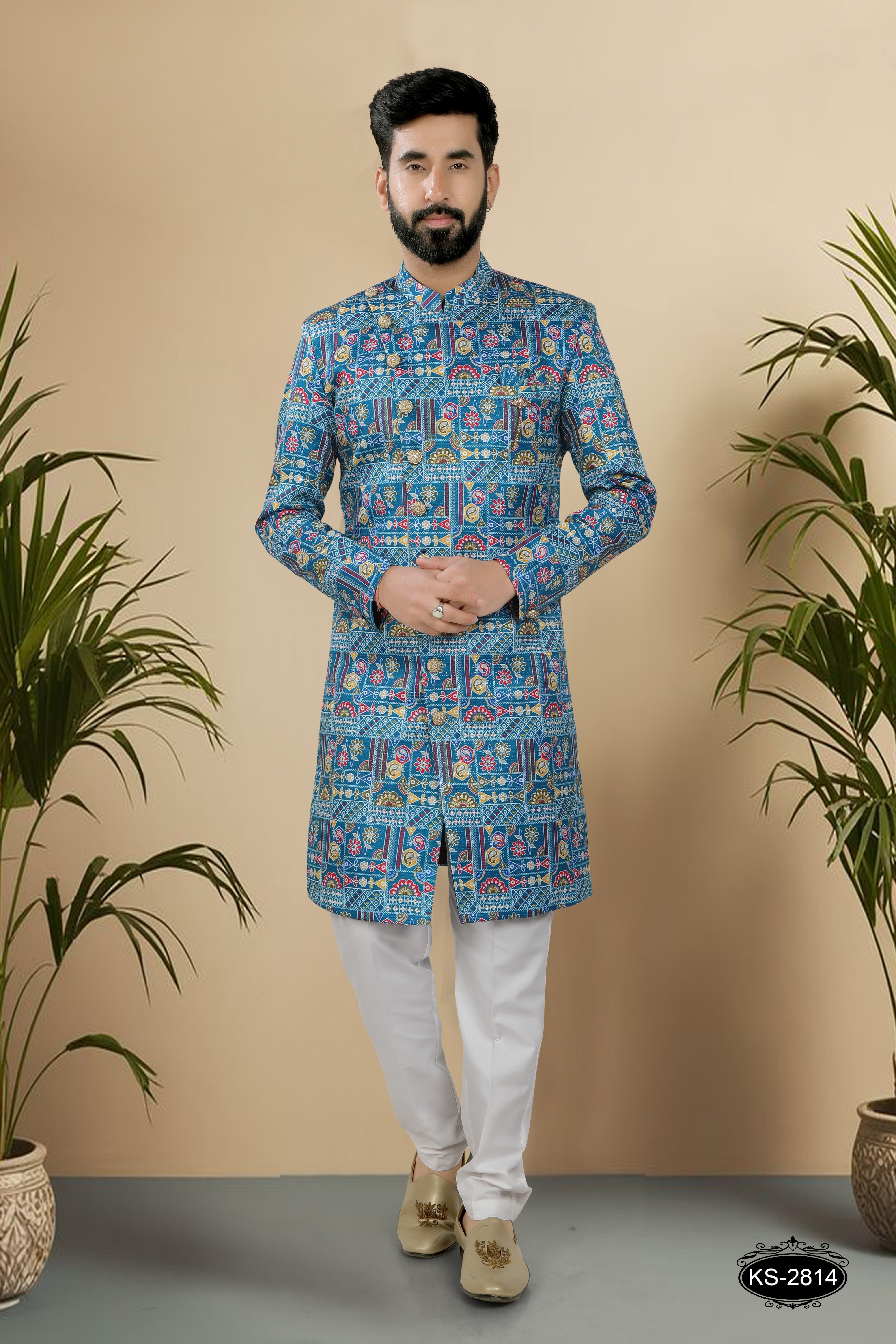 BLUE ( MULTI-TONE ) INDO-WESTERN SET WITH THREAD EMBROIDERY ALL-OVER