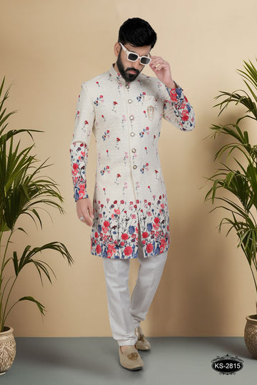IN DO-WESTERN SET IN OFF-WHITE ( MULTI-TONE ) WITH HEAVY PANEL EMBROIDERY
