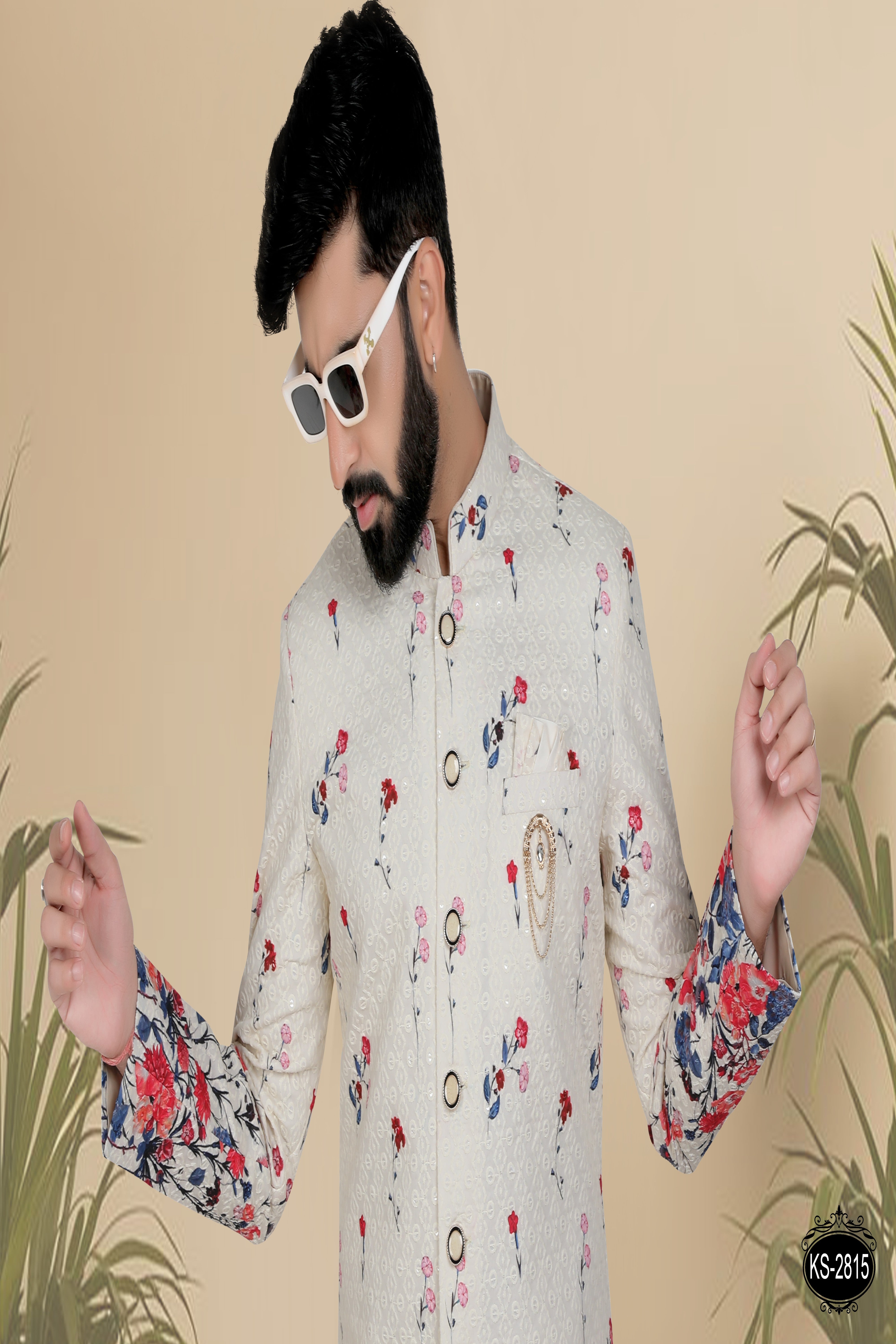 IN DO-WESTERN SET IN OFF-WHITE ( MULTI-TONE ) WITH HEAVY PANEL EMBROIDERY