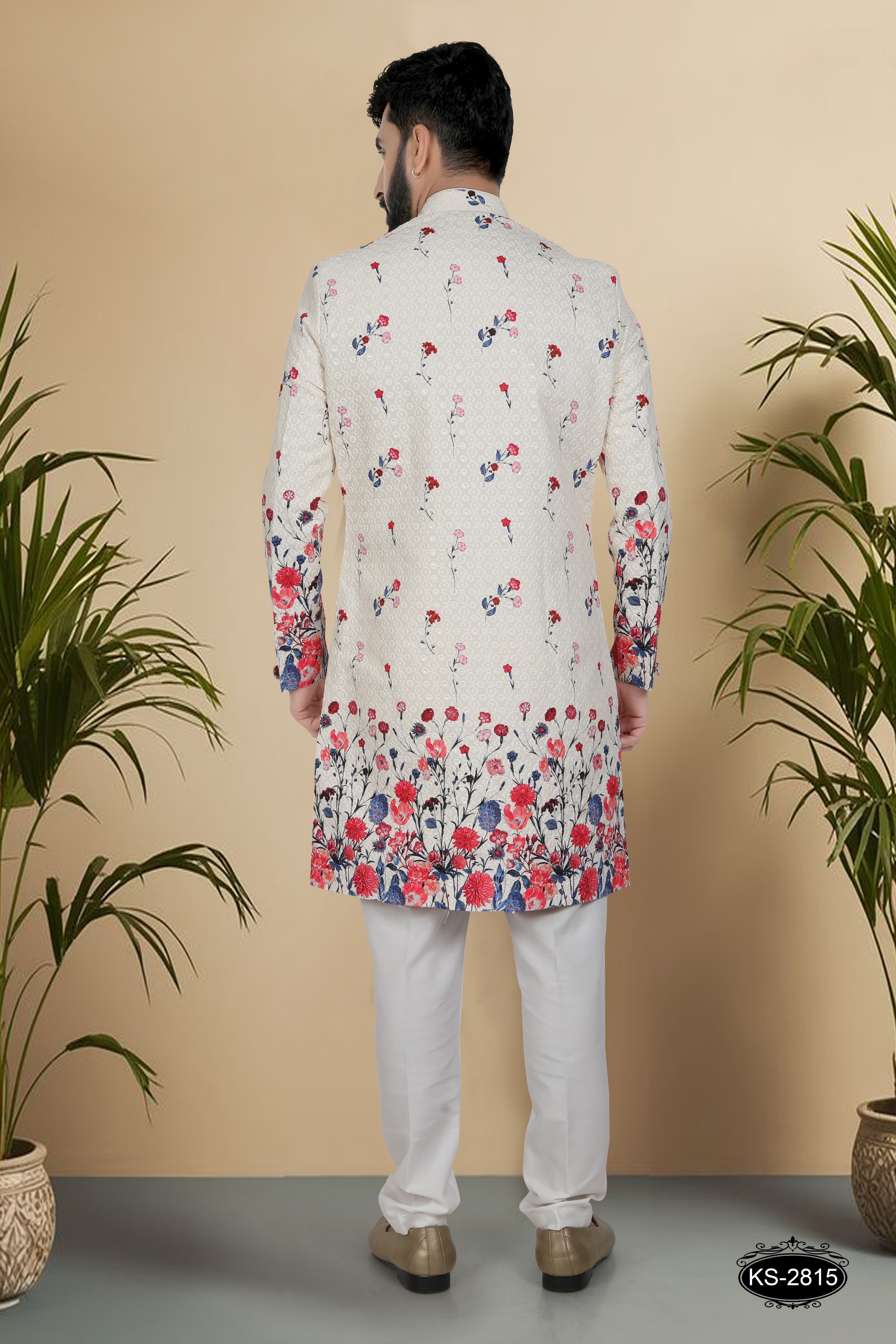 IN DO-WESTERN SET IN OFF-WHITE ( MULTI-TONE ) WITH HEAVY PANEL EMBROIDERY