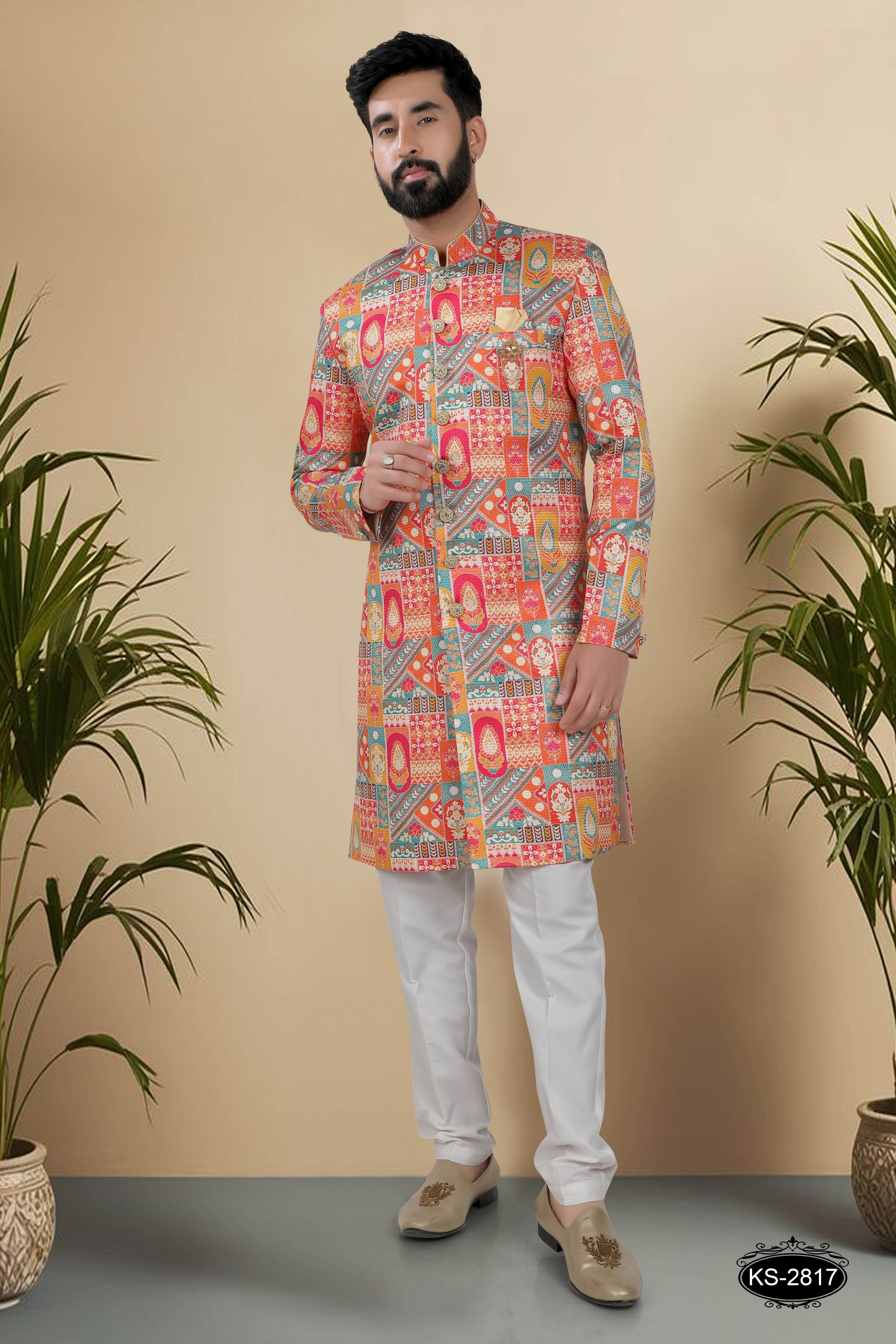 INDO-WESTERN SET ORANGE ( MULTI-TONE ) WITH THREAD EMBROIDERY ALL-OVER