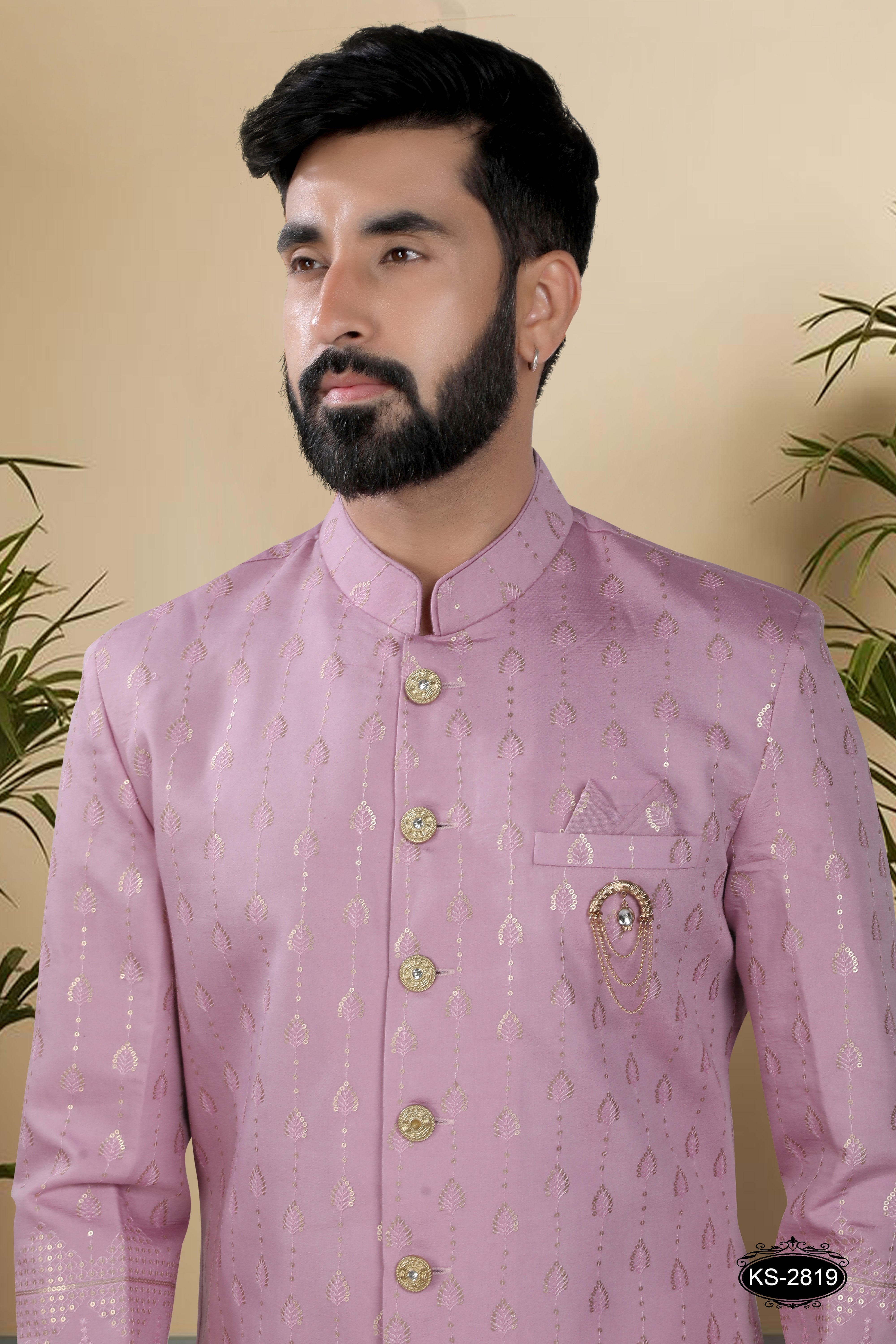 INDO-WESTERN SET IN ONION-PINK HUE WITH PANEL & THREAD EMBROIDERY